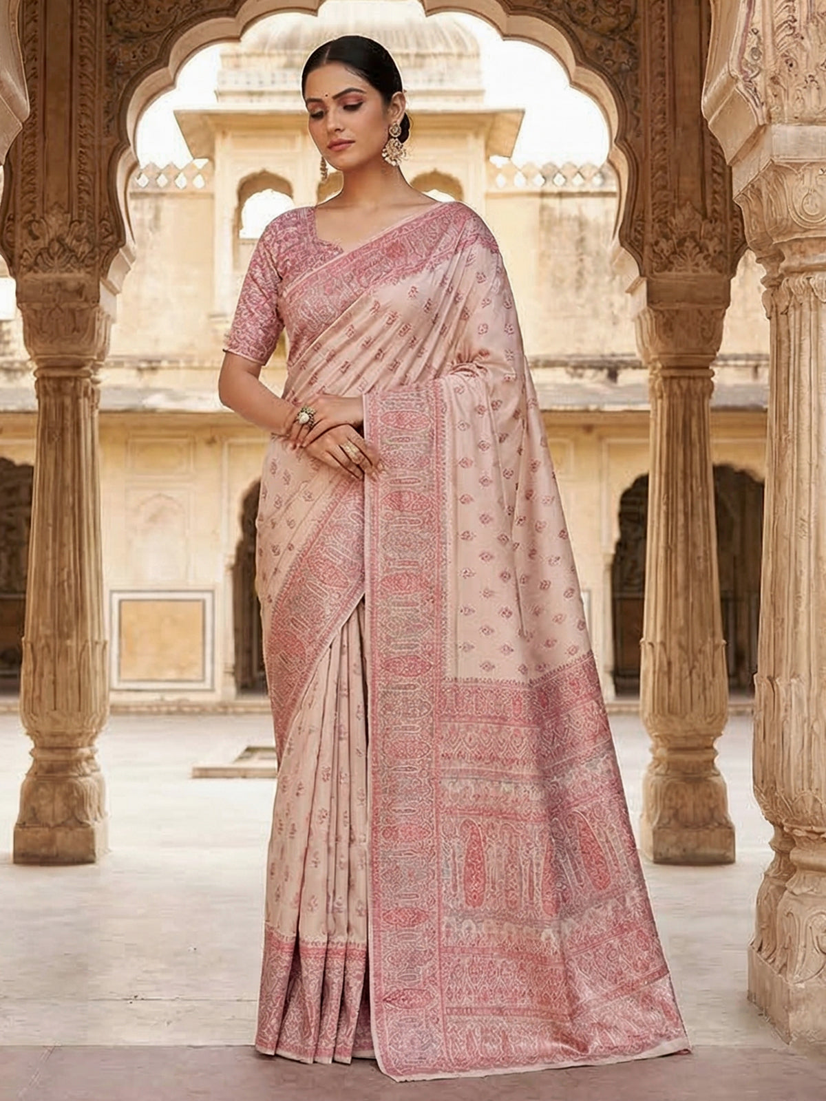Beige pashmina silk saree with zari motifs