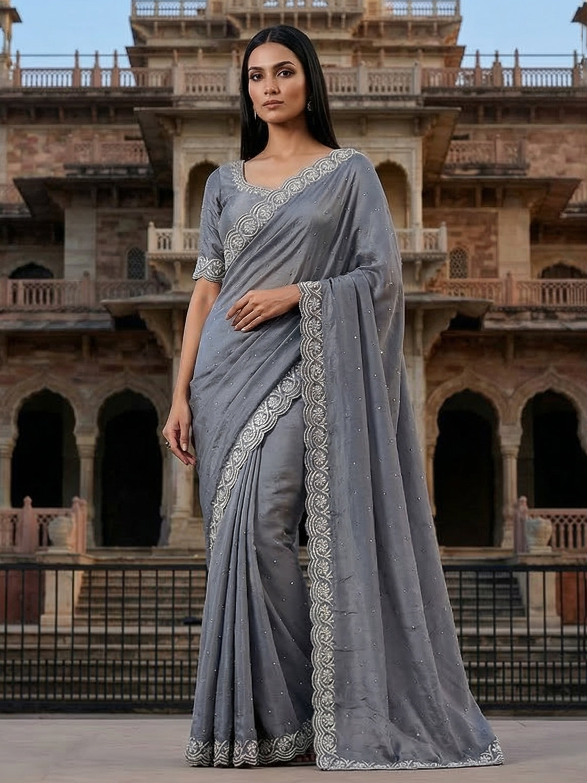 Dark grey semi tissue silk saree with diamond zardosi design