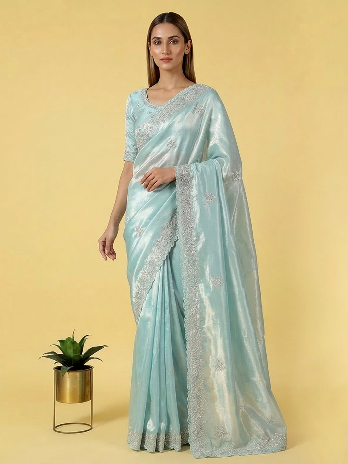Aqua tissue silk festive wedding saree