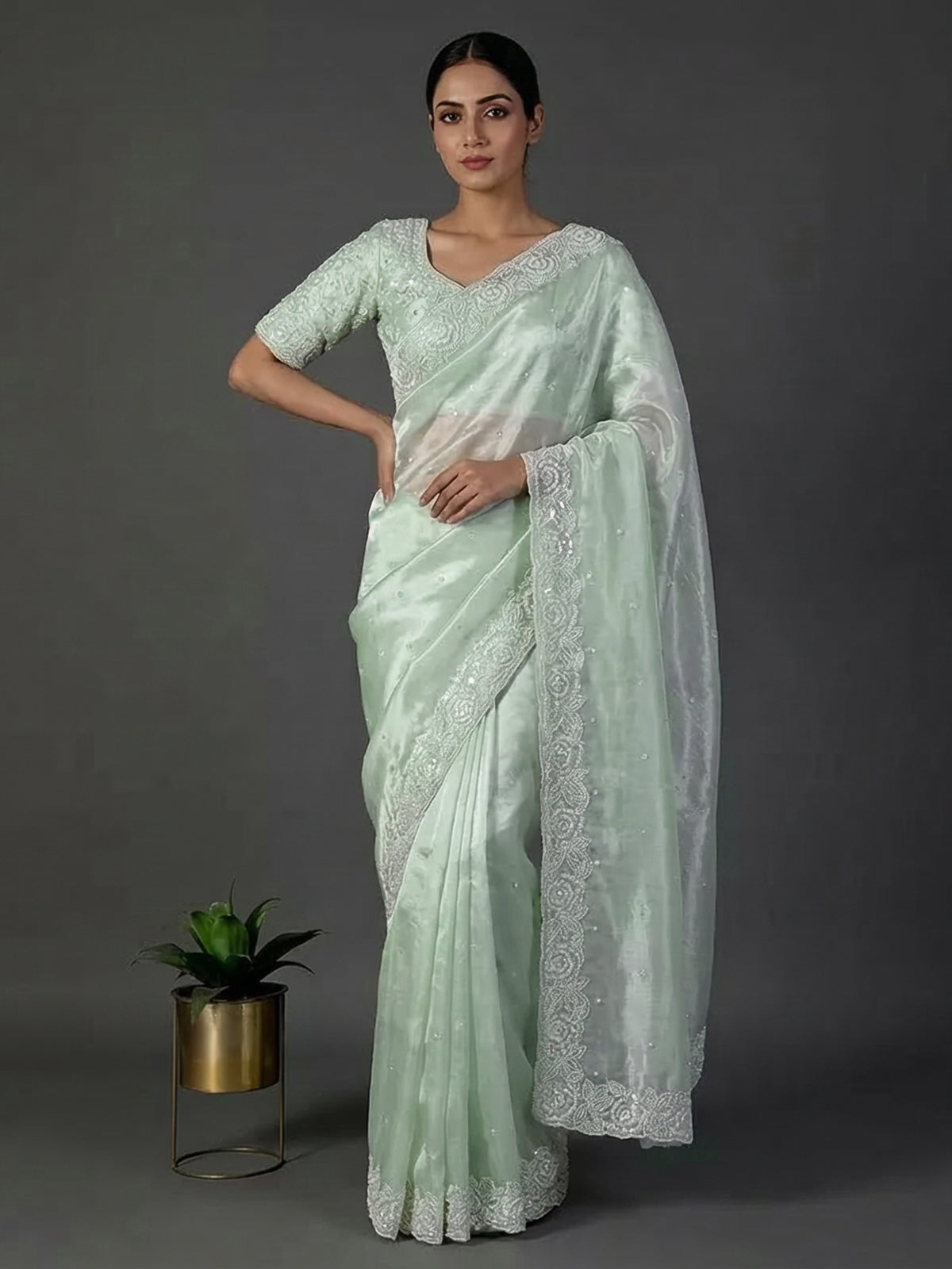 Pista green tissue silk diamond saree