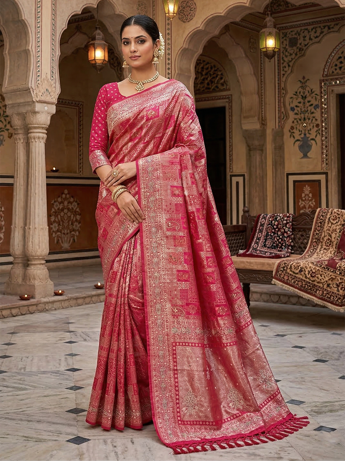 Reddish pink semi silk festive saree