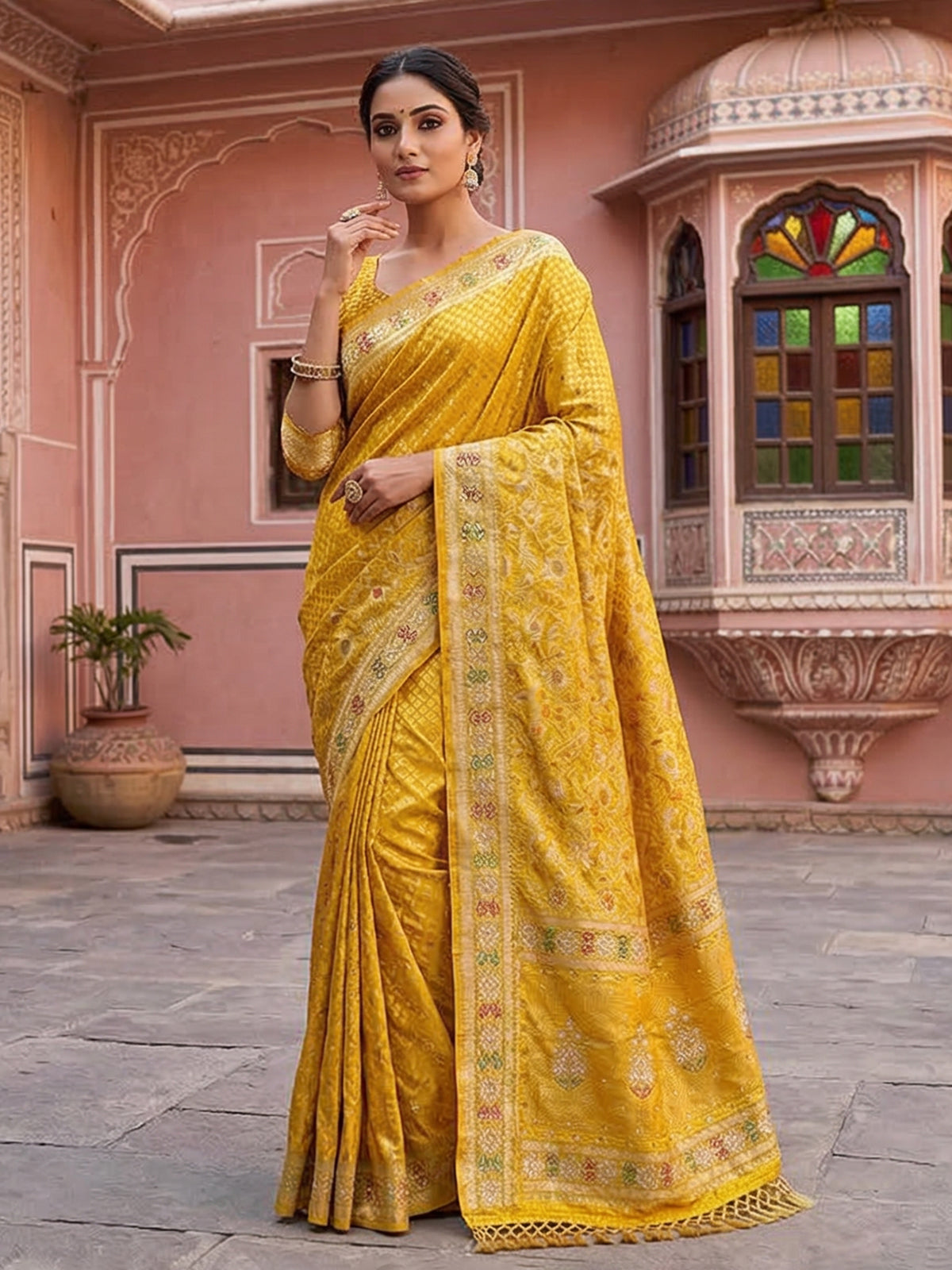 Mustard yellow festive saree in semi silk