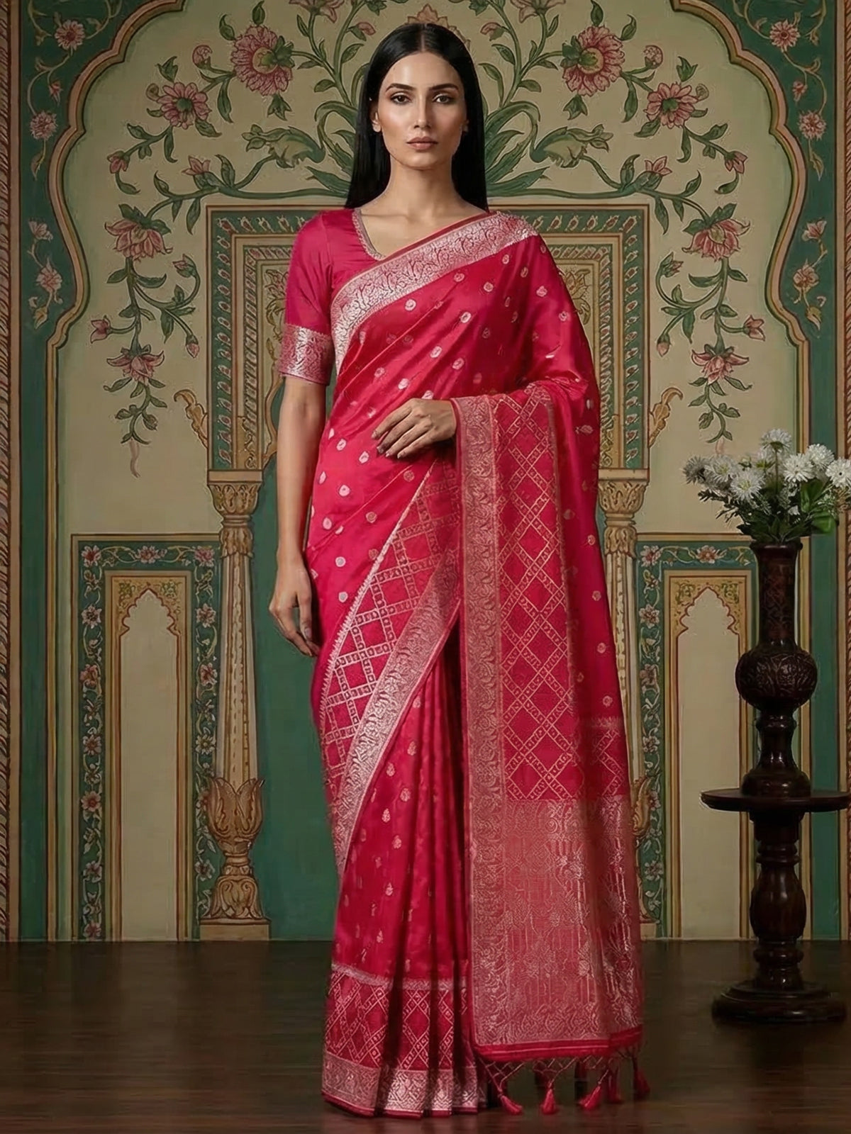 Rani pink zari checks dola silk saree