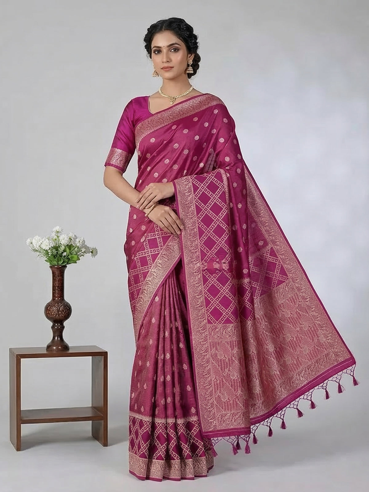 Purple zari butti work dola silk saree