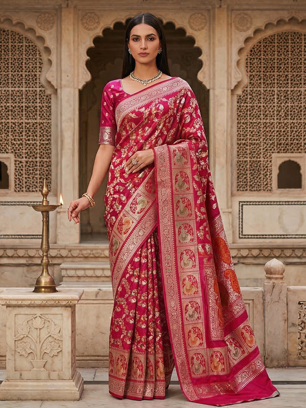 Rani pink zari banarasi silk saree