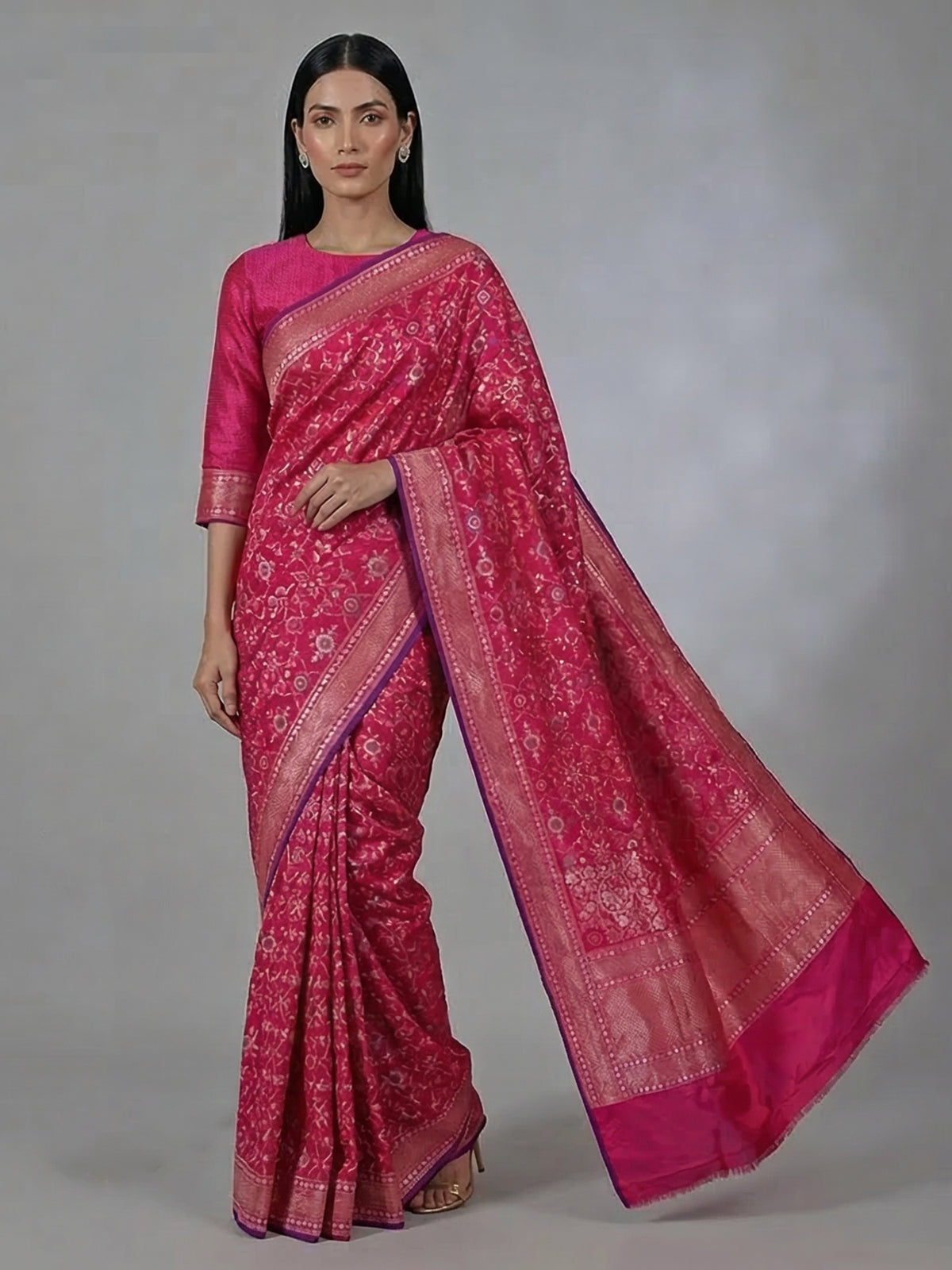 Rani pink zari saree in banarasi silk