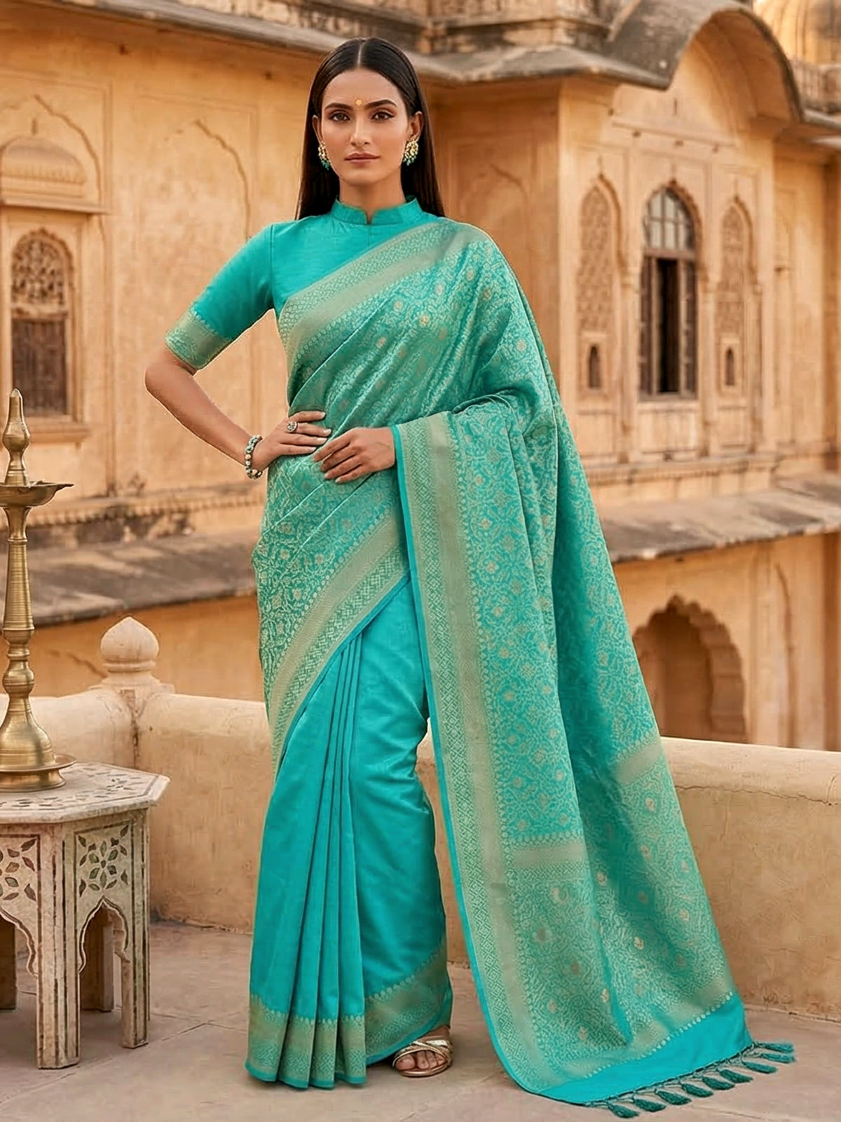 Mint blue semi silk zari work saree