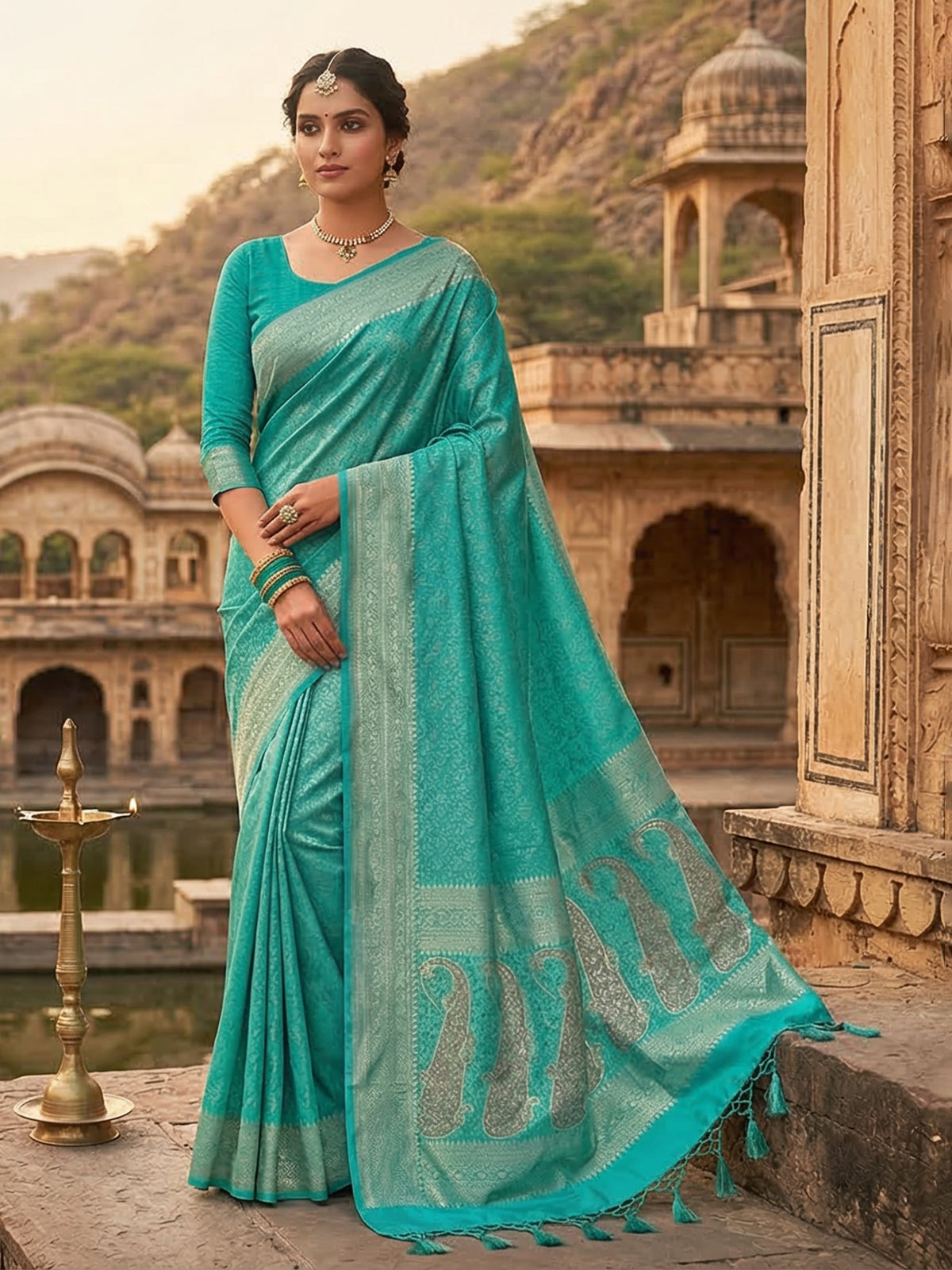 Aqua blue zari worked saree in semi silk