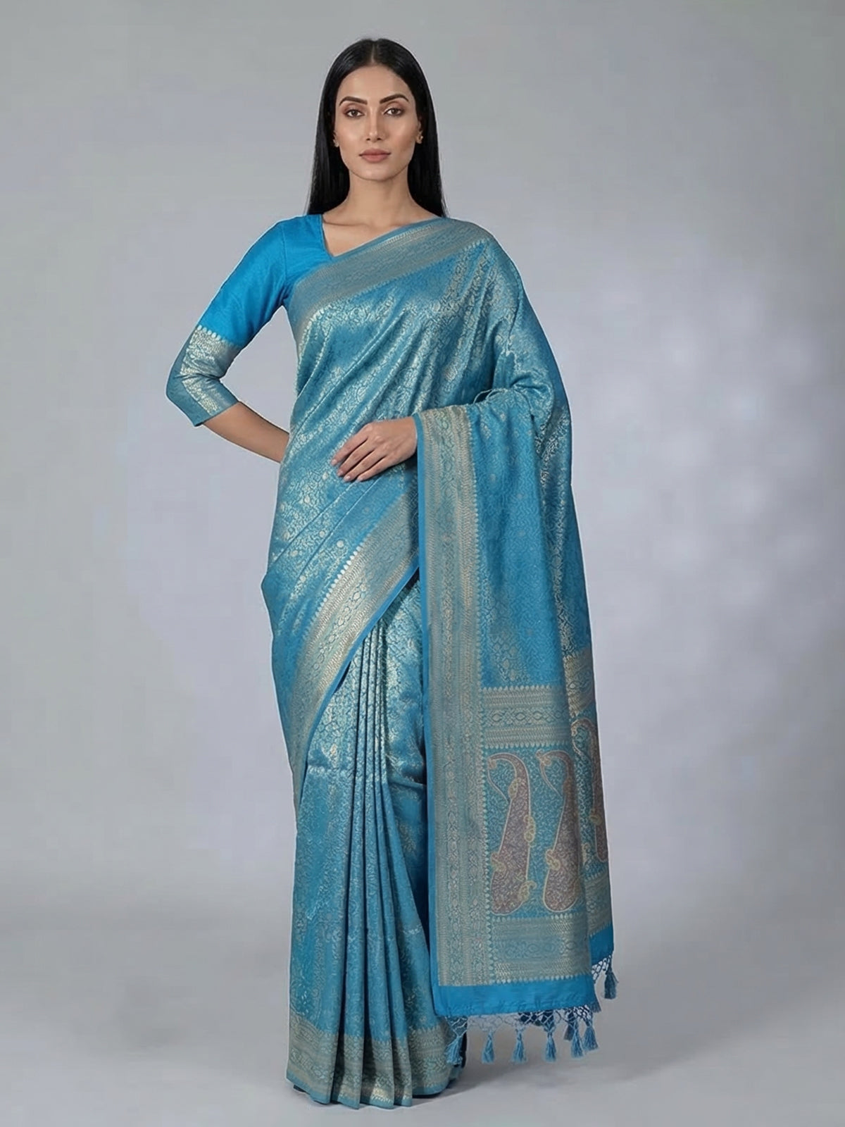 Blue semi silk zari work classic saree