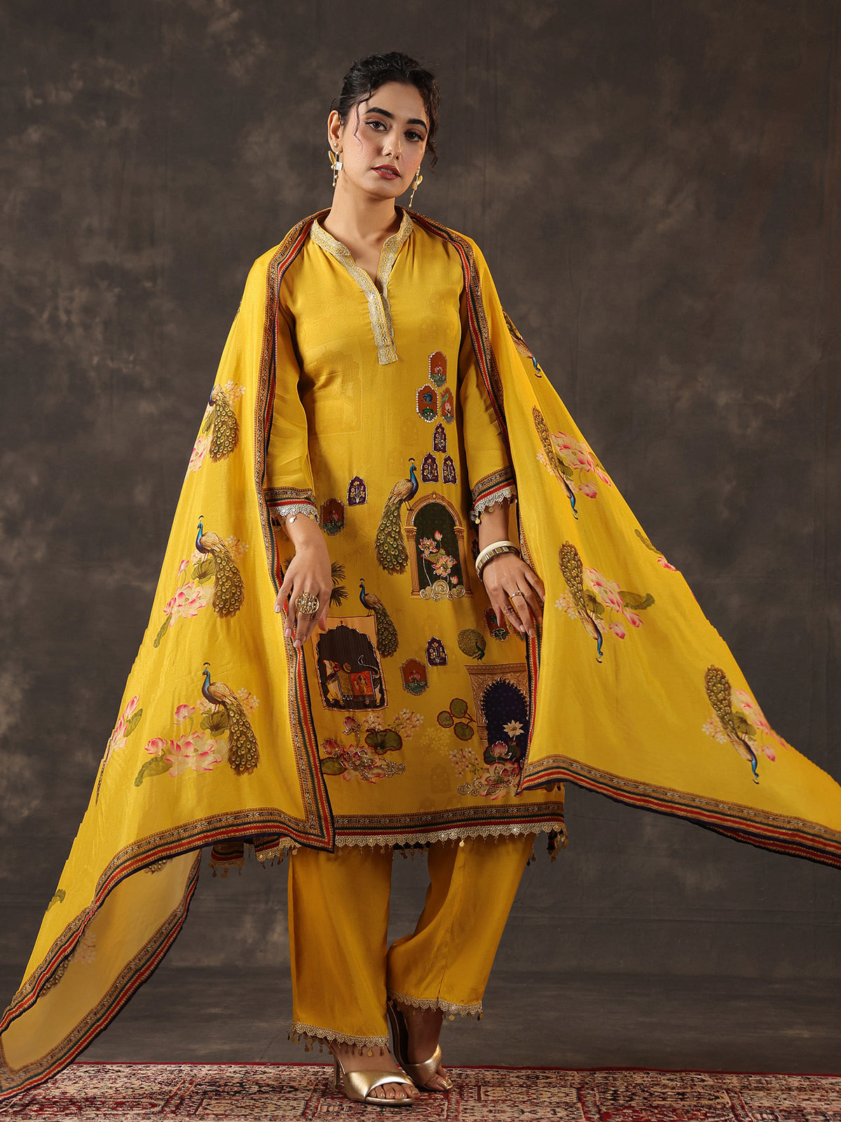Mustard yellow viscose crepe printed kurti set with dupatta