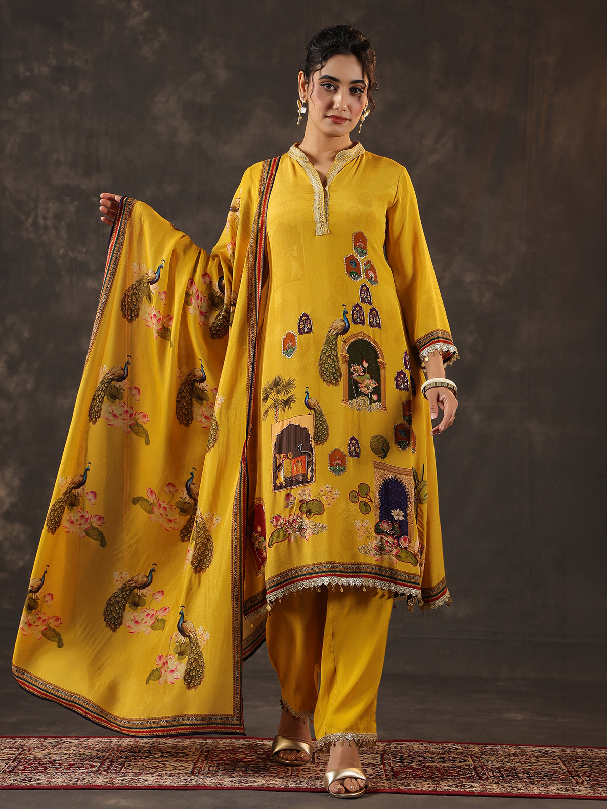 Mustard yellow viscose crepe printed kurti set with dupatta