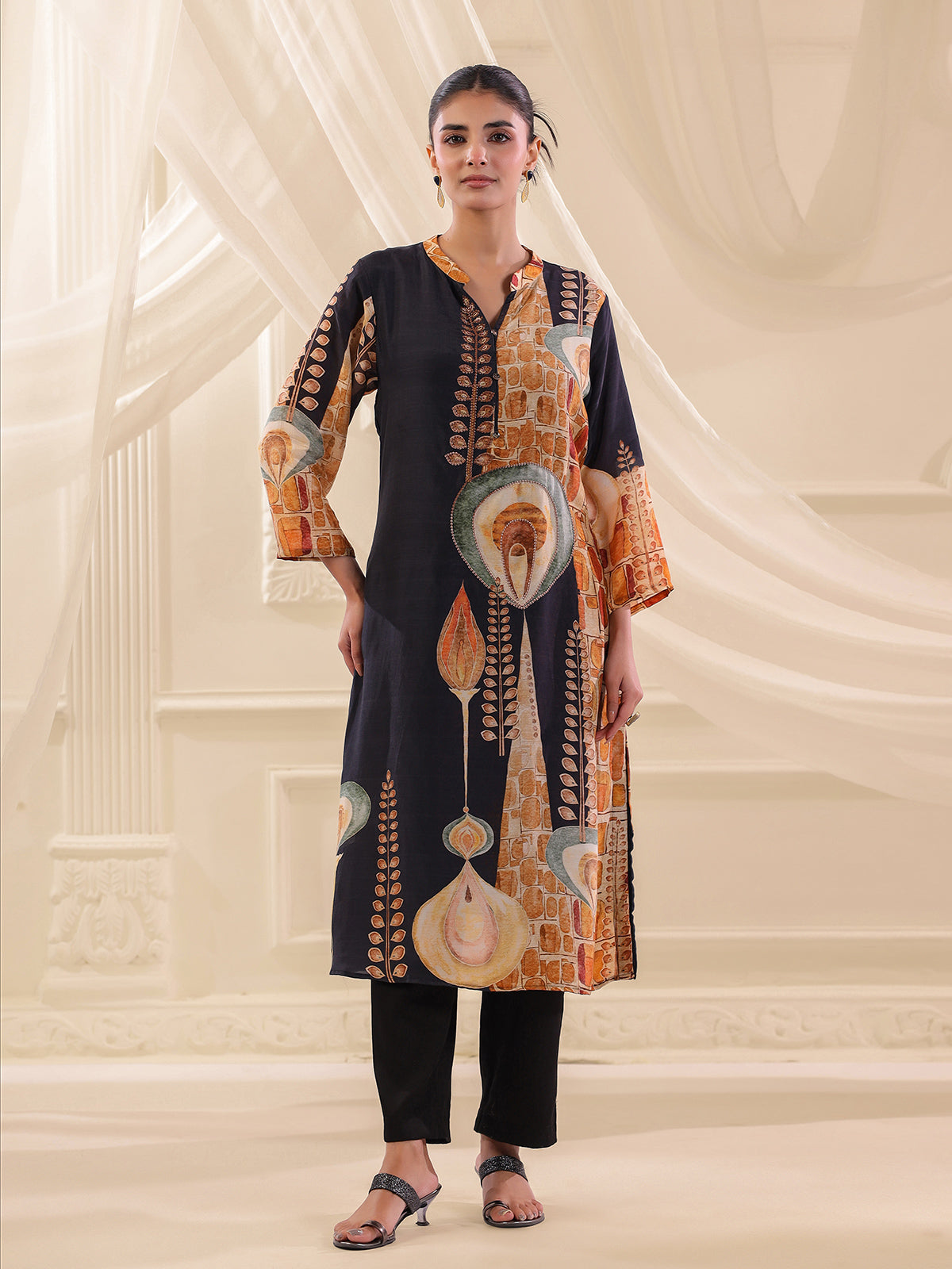 Navy blue Russian silk printed straight cut kurti set