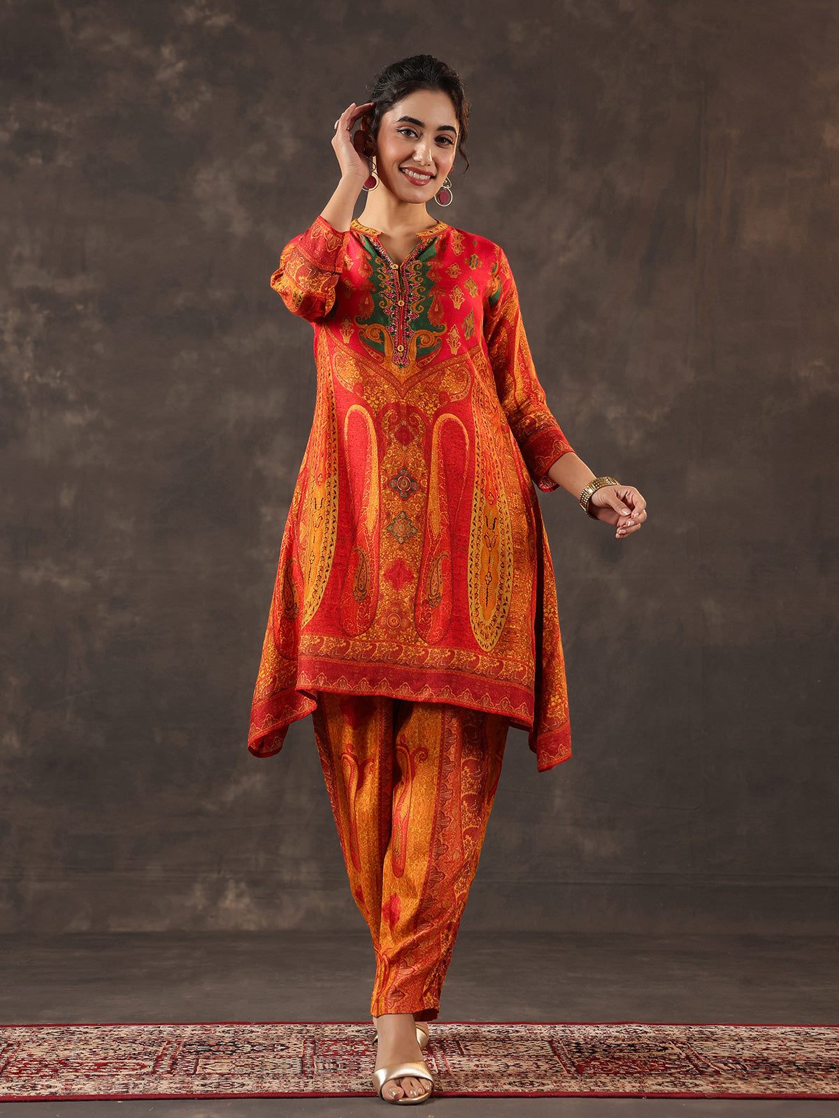 Red dola silk printed A line traditional kurti set