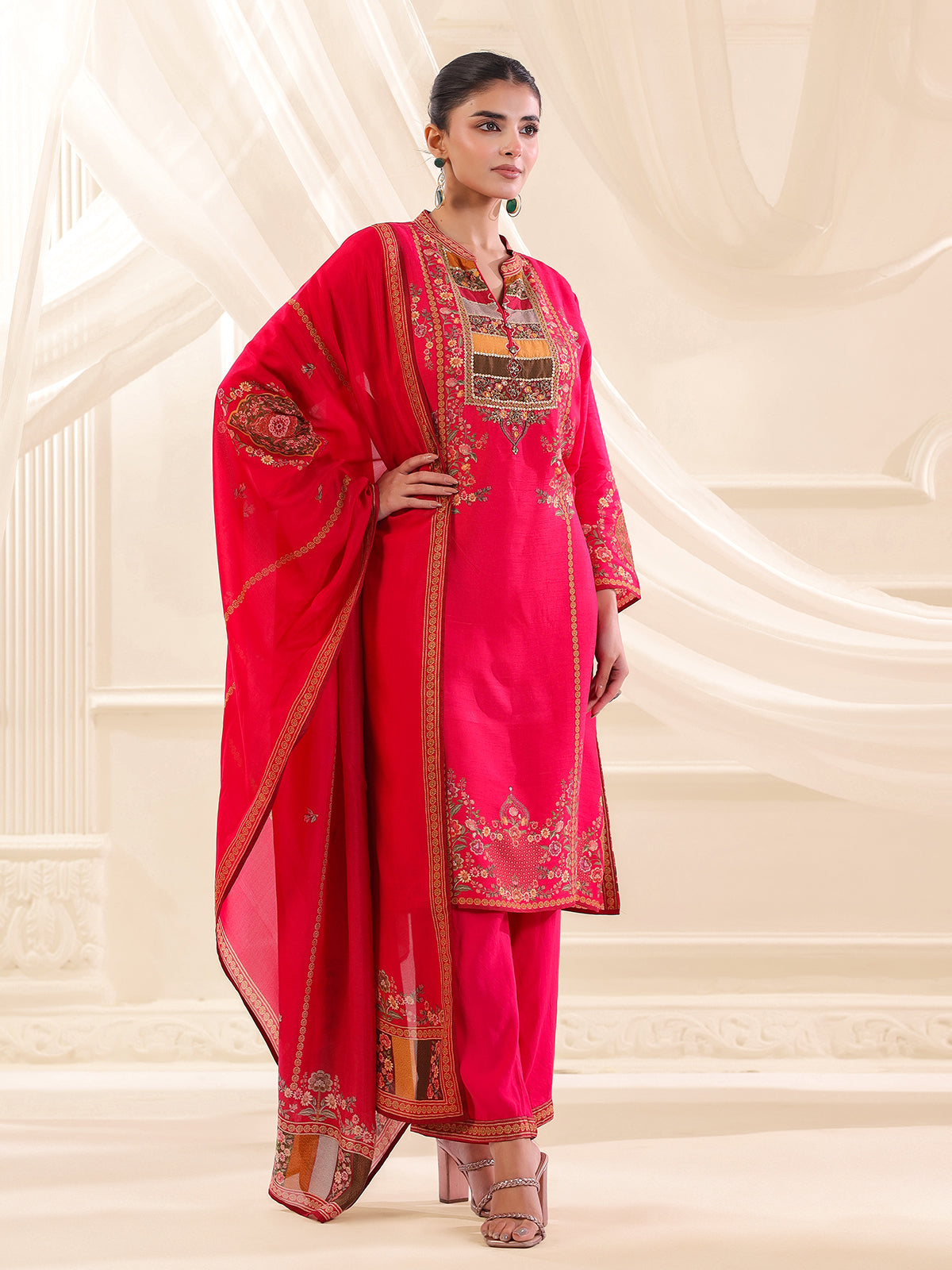 Magenta russian silk printed yoke style kurti set