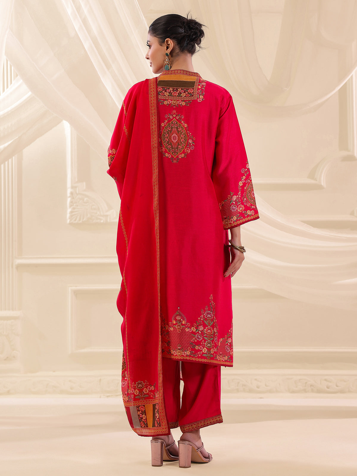 Magenta russian silk printed yoke style kurti set