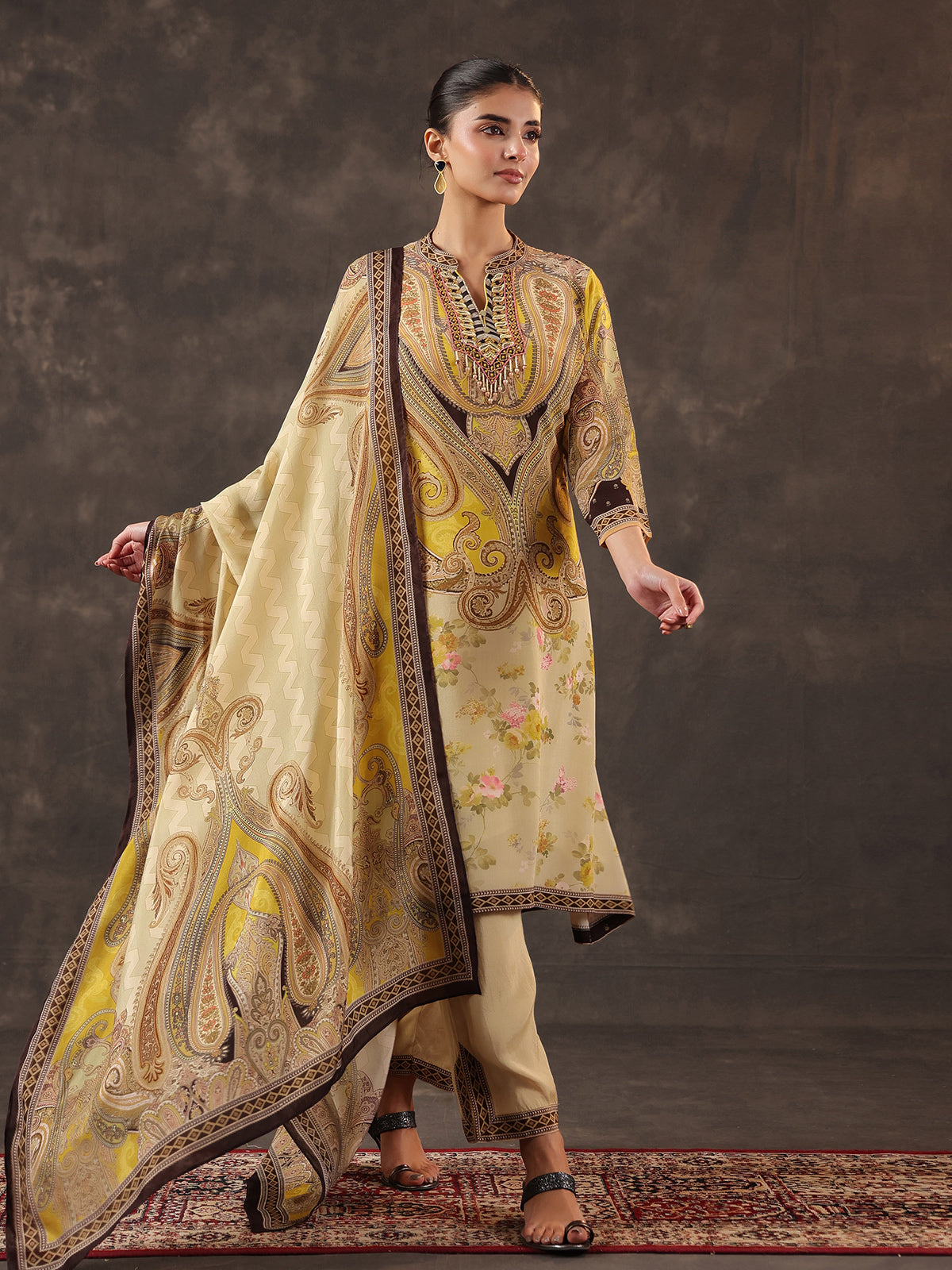 Beige viscose crepe printed kurti set with dupatta