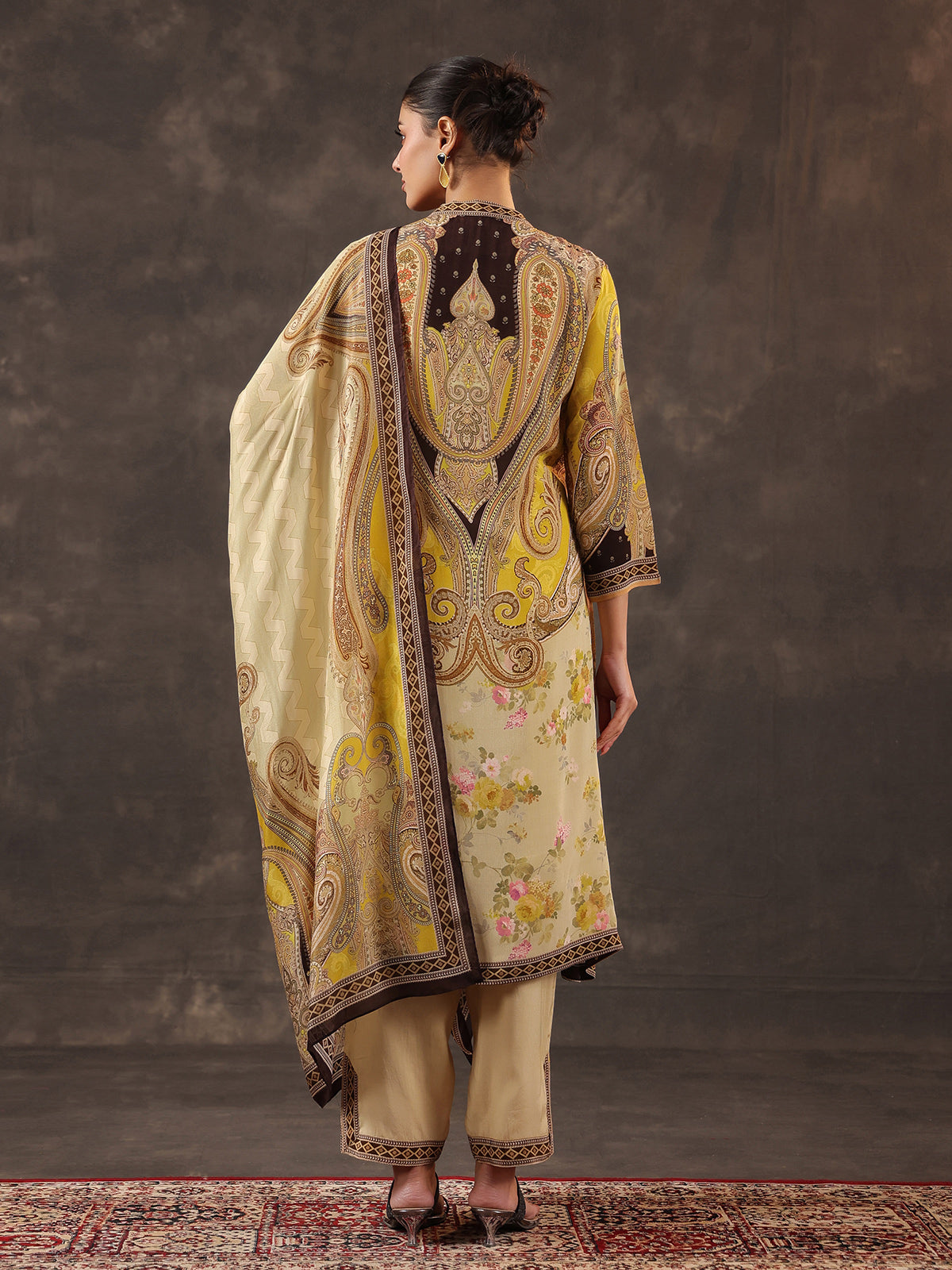 Beige viscose crepe printed kurti set with dupatta