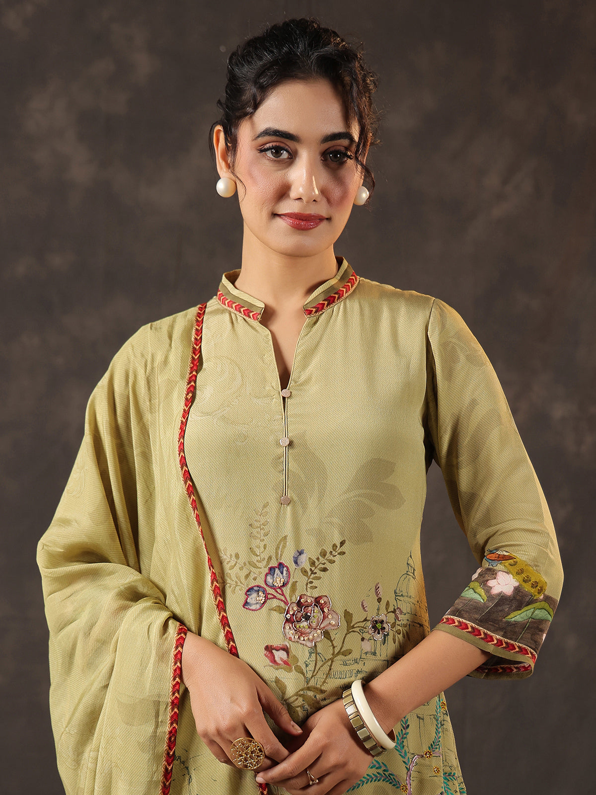 Light olive viscose crepe printed kurti set with dupatta