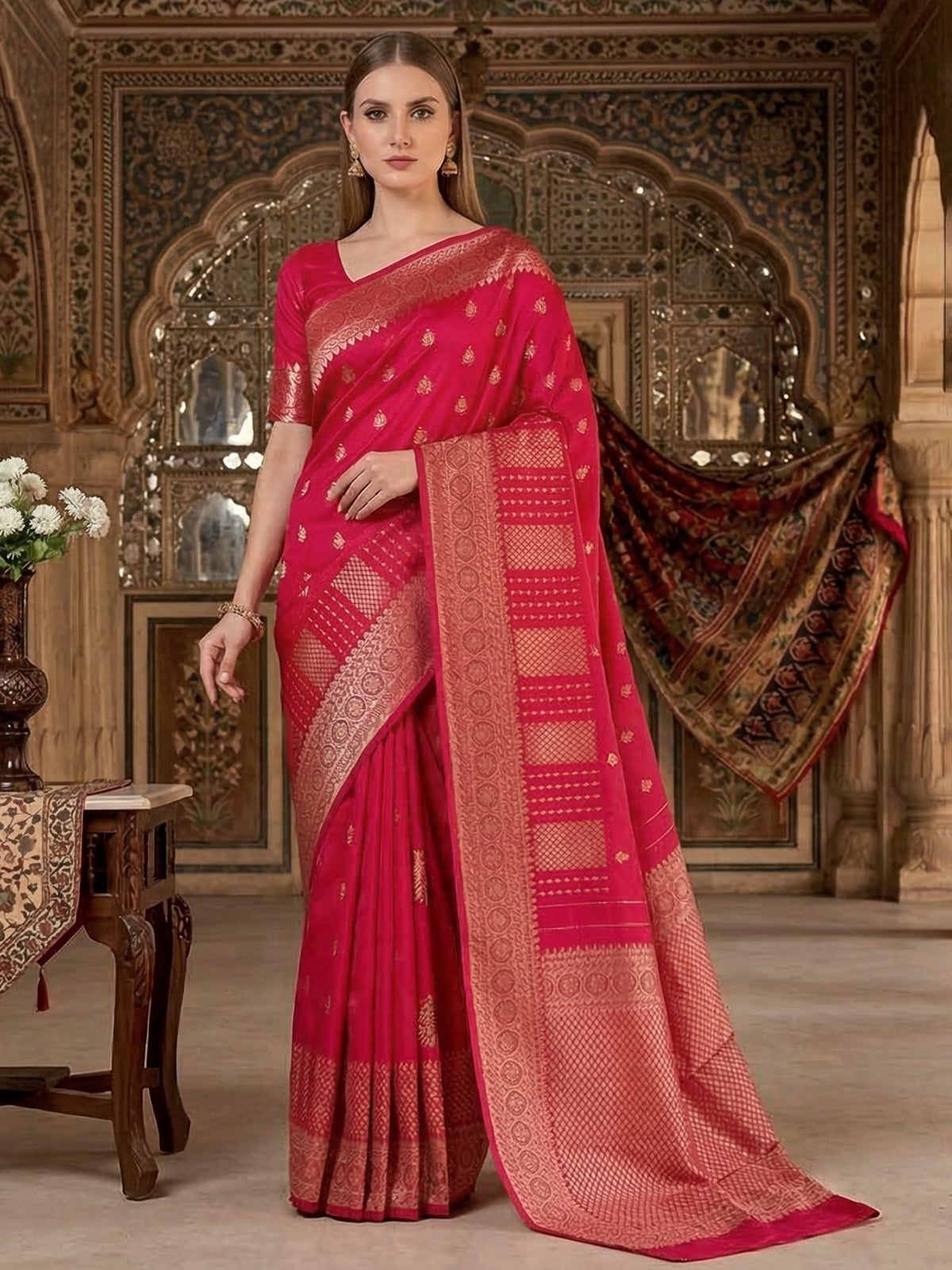 Rani pink art silk zari festive wear saree