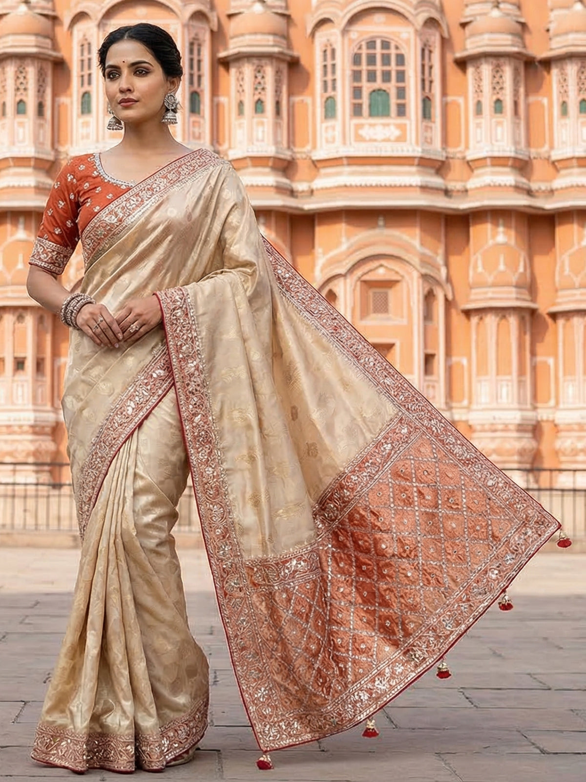Cream shimmer tissue silk saree with festive border