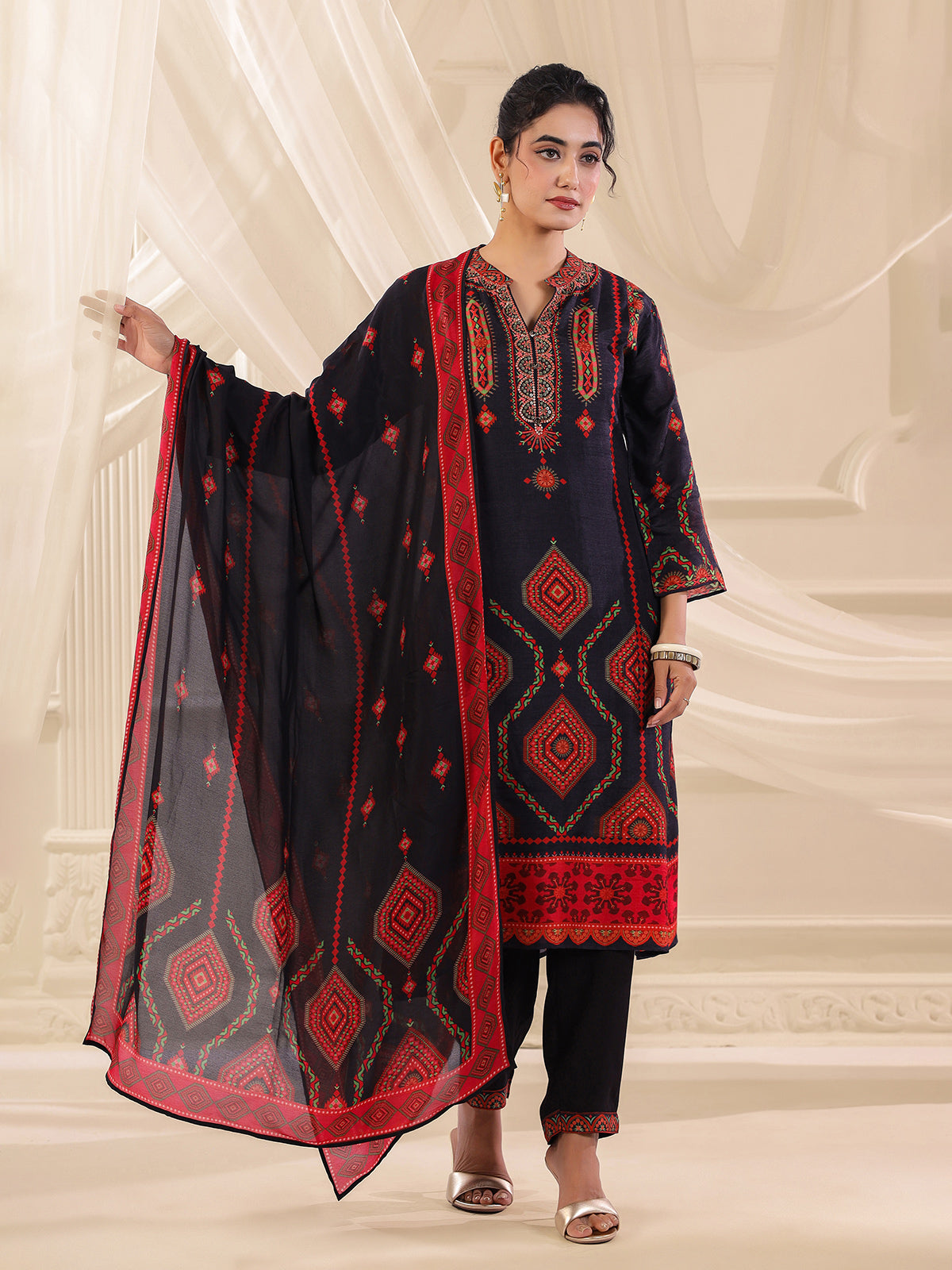 Navy blue dola silk printed straight kurti set