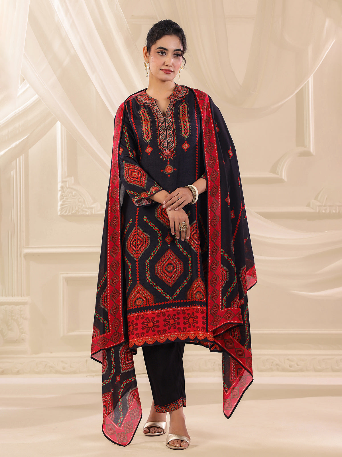 Navy blue dola silk printed straight kurti set