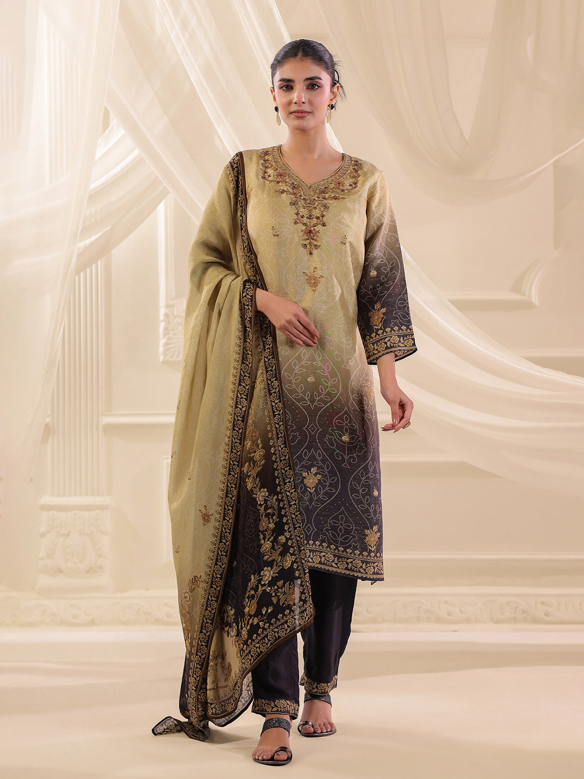 Black beige shaded dola silk printed kurti set