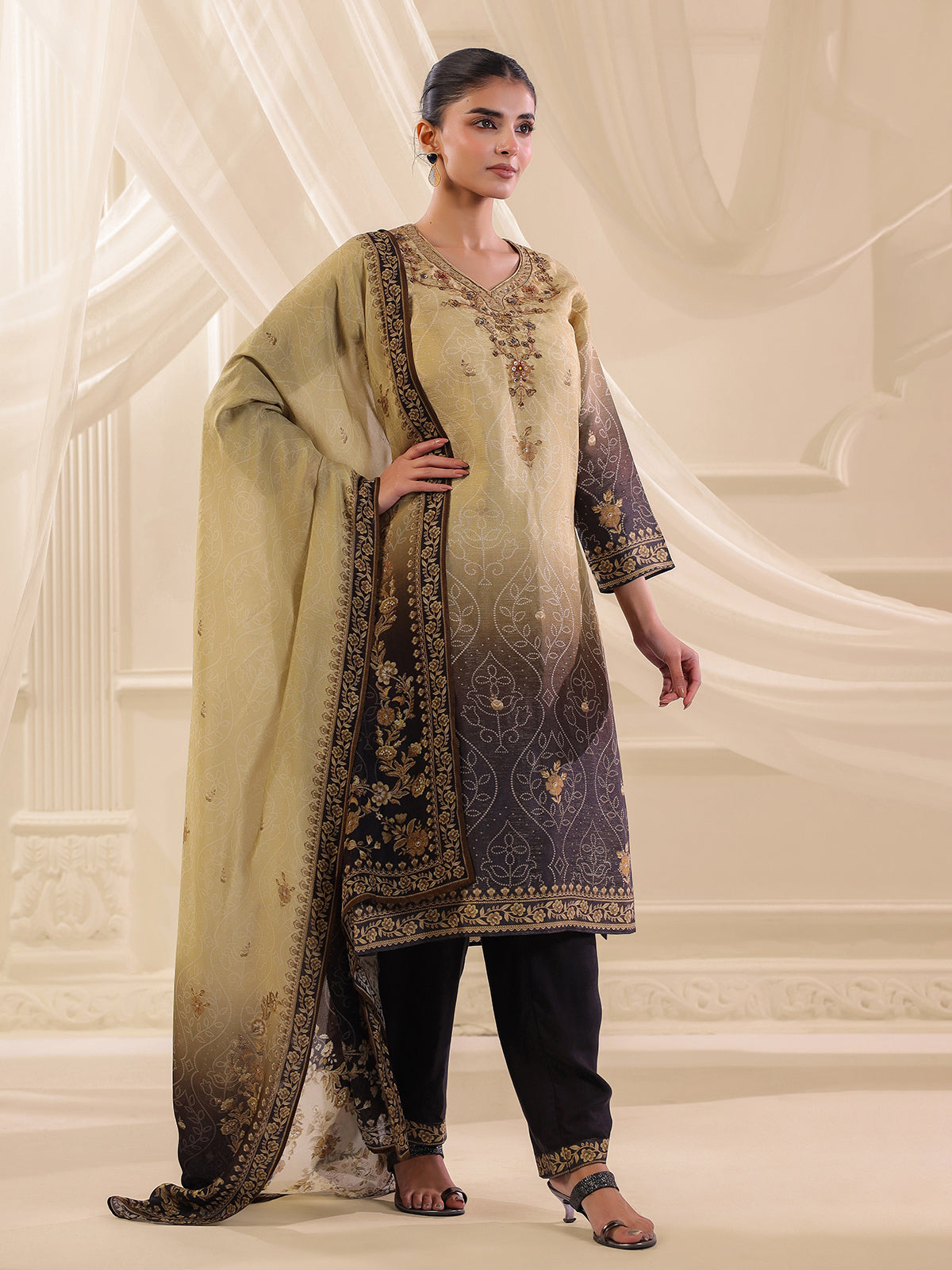 Black beige shaded dola silk printed kurti set