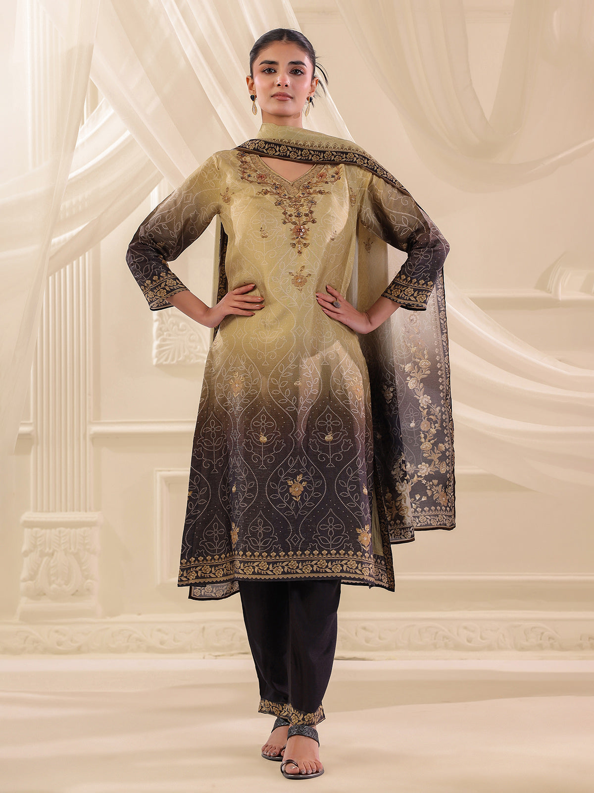 Black beige shaded dola silk printed kurti set
