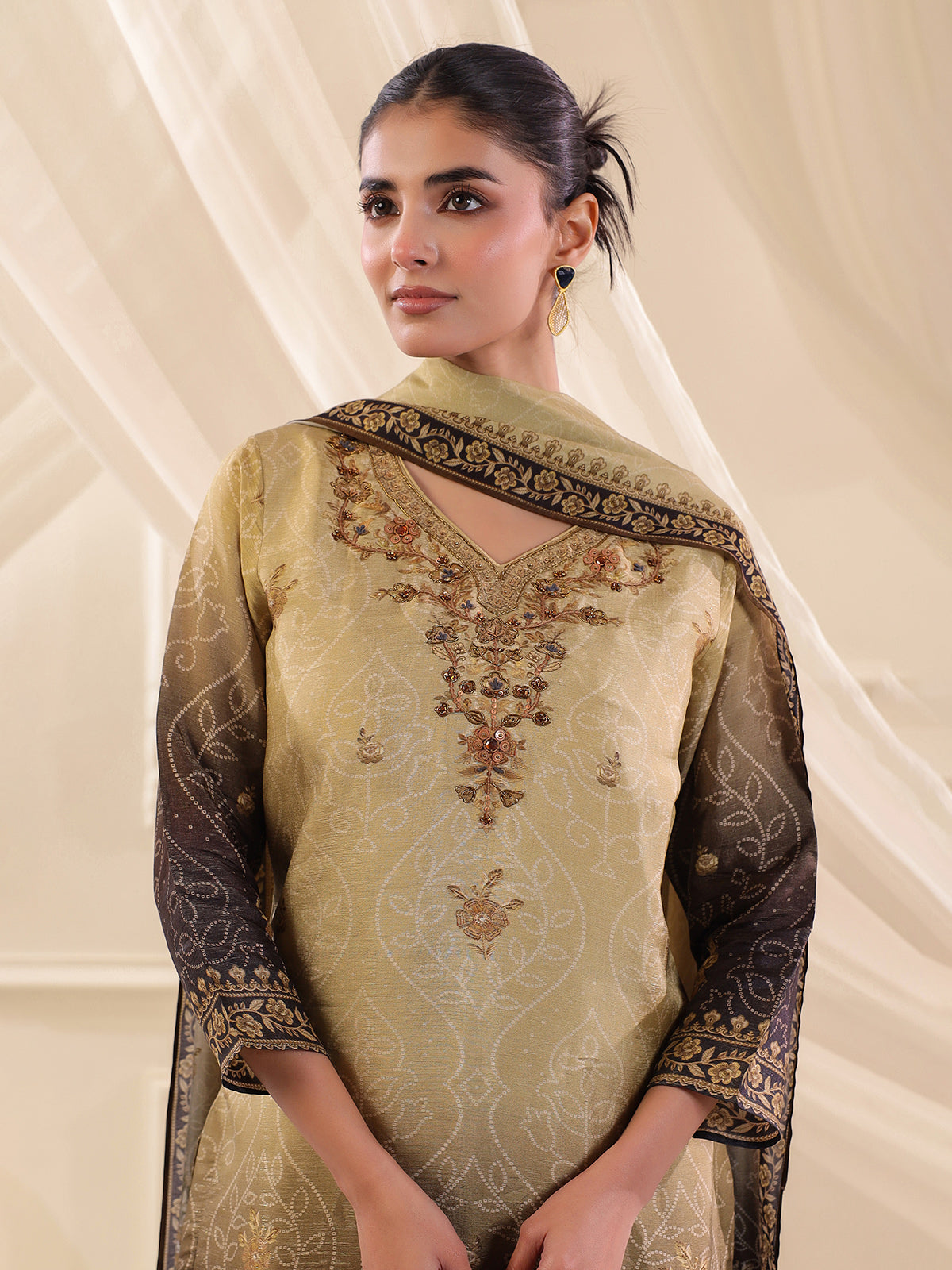 Black beige shaded dola silk printed kurti set
