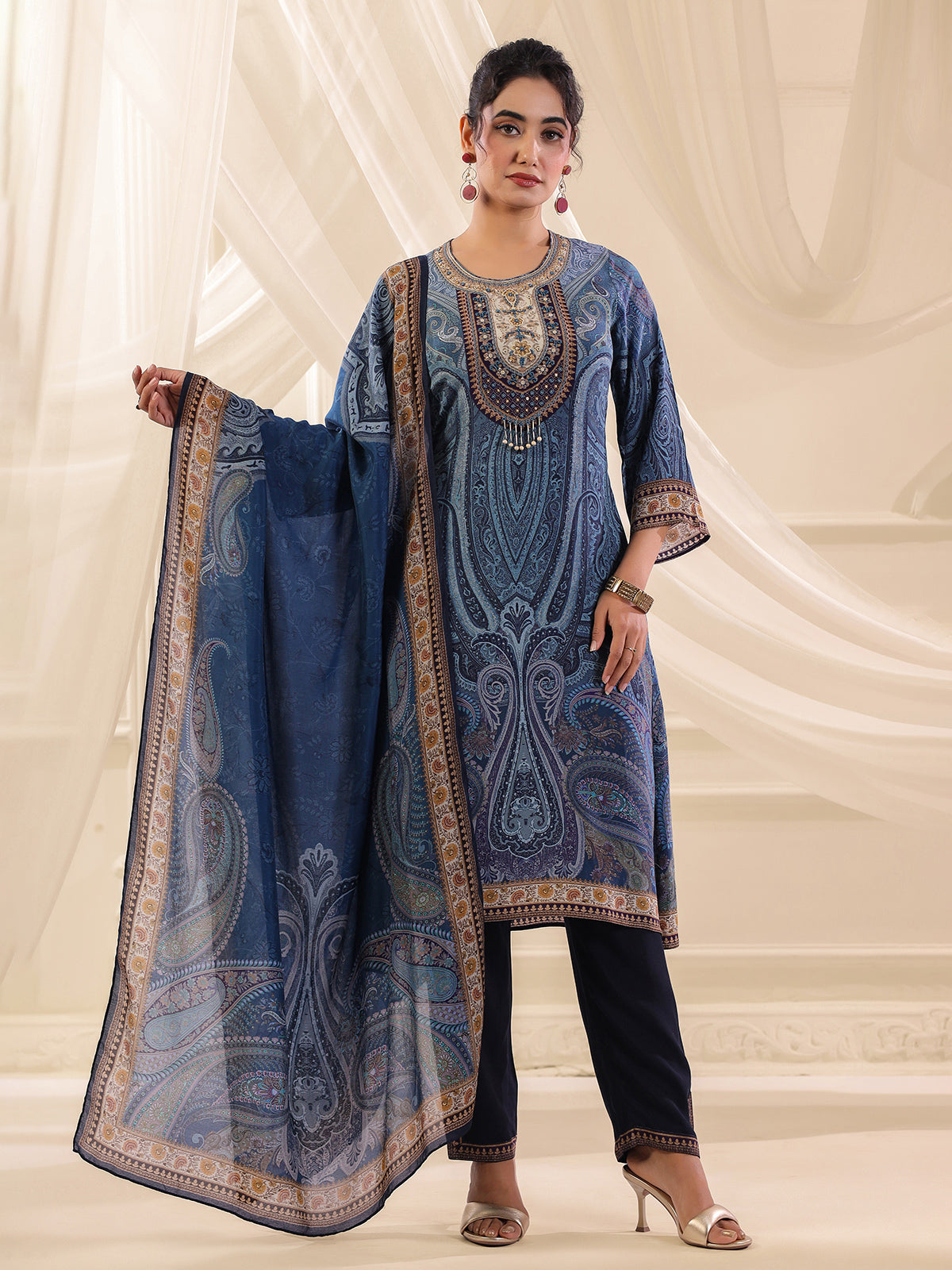 Blue viscose crepe printed yoke style kurti set