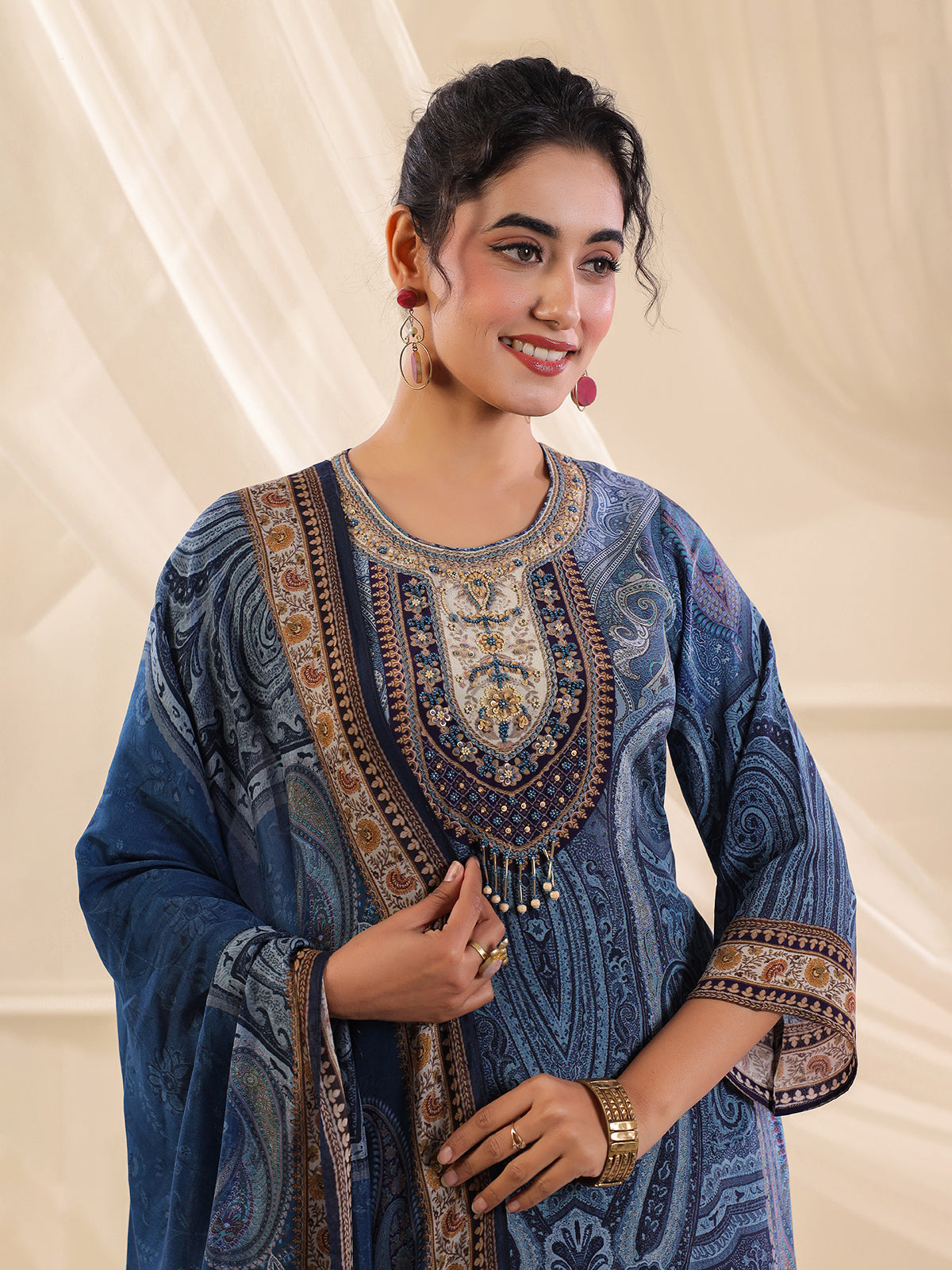 Blue viscose crepe printed yoke style kurti set