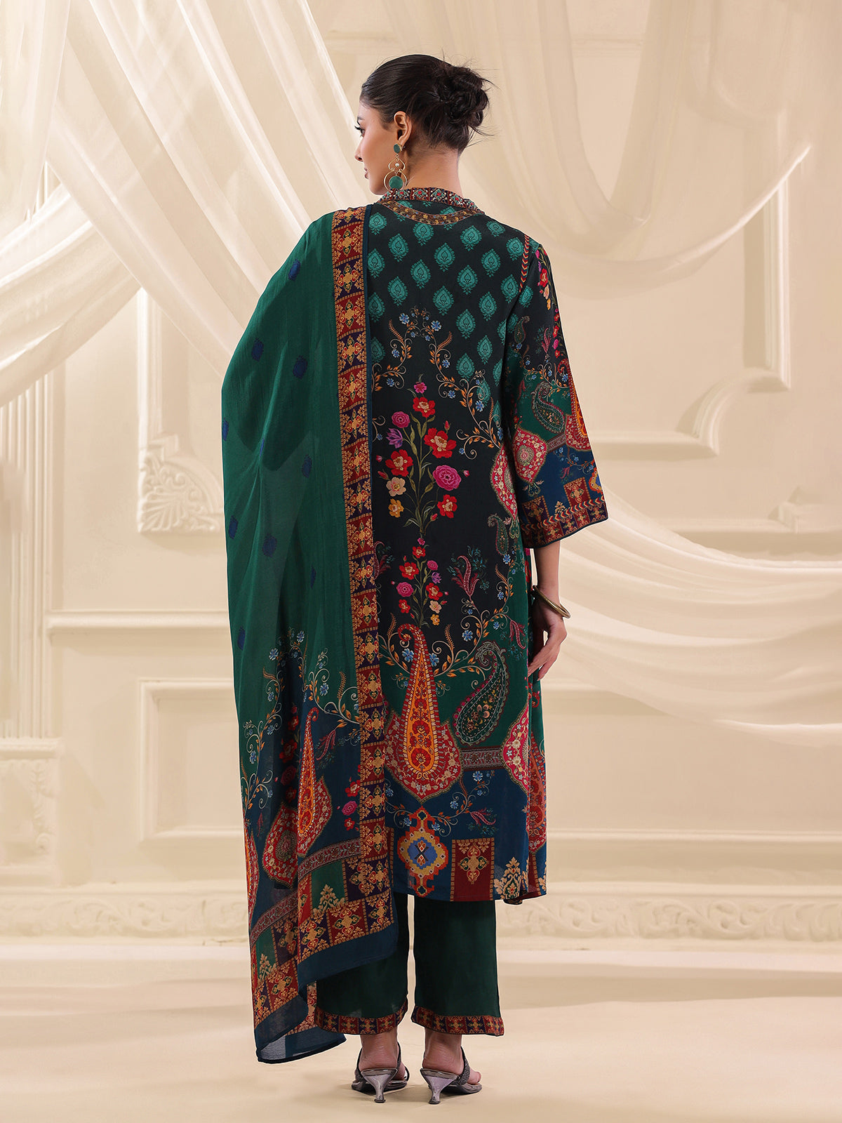 Bottle green viscose crepe printed kurti set