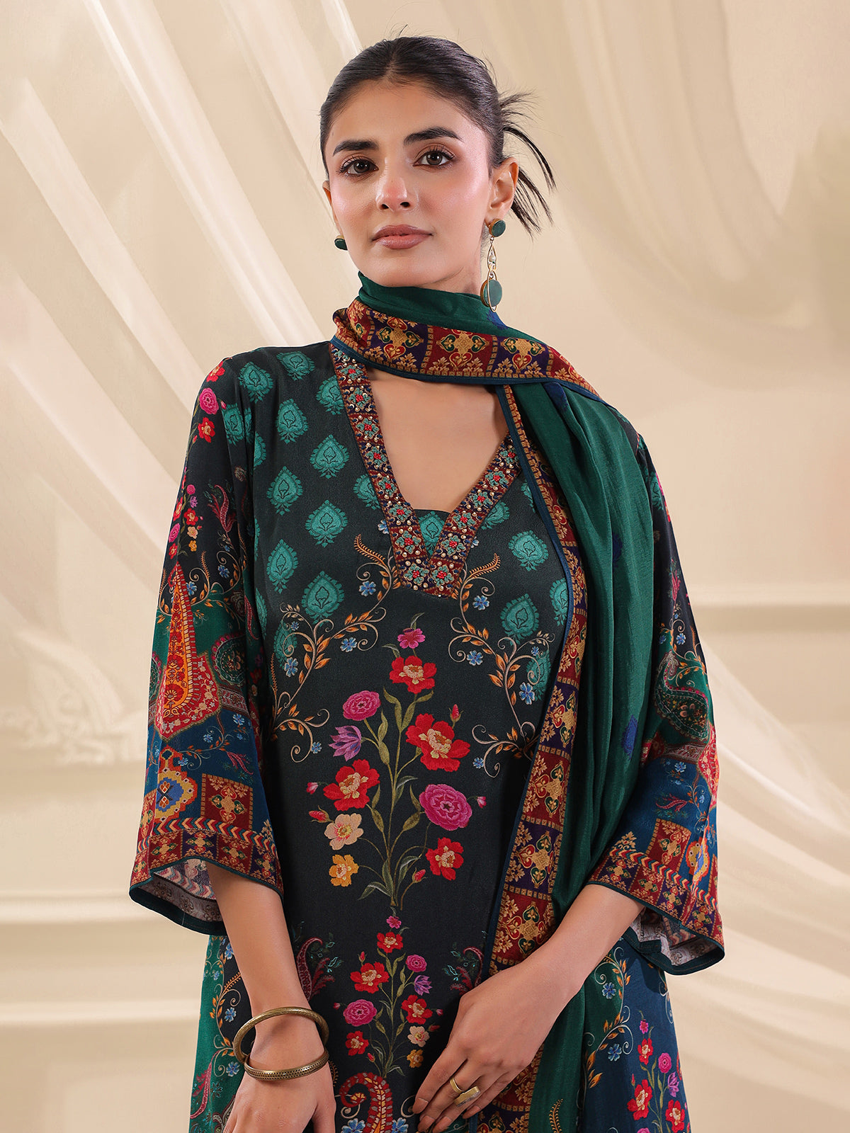 Bottle green viscose crepe printed kurti set