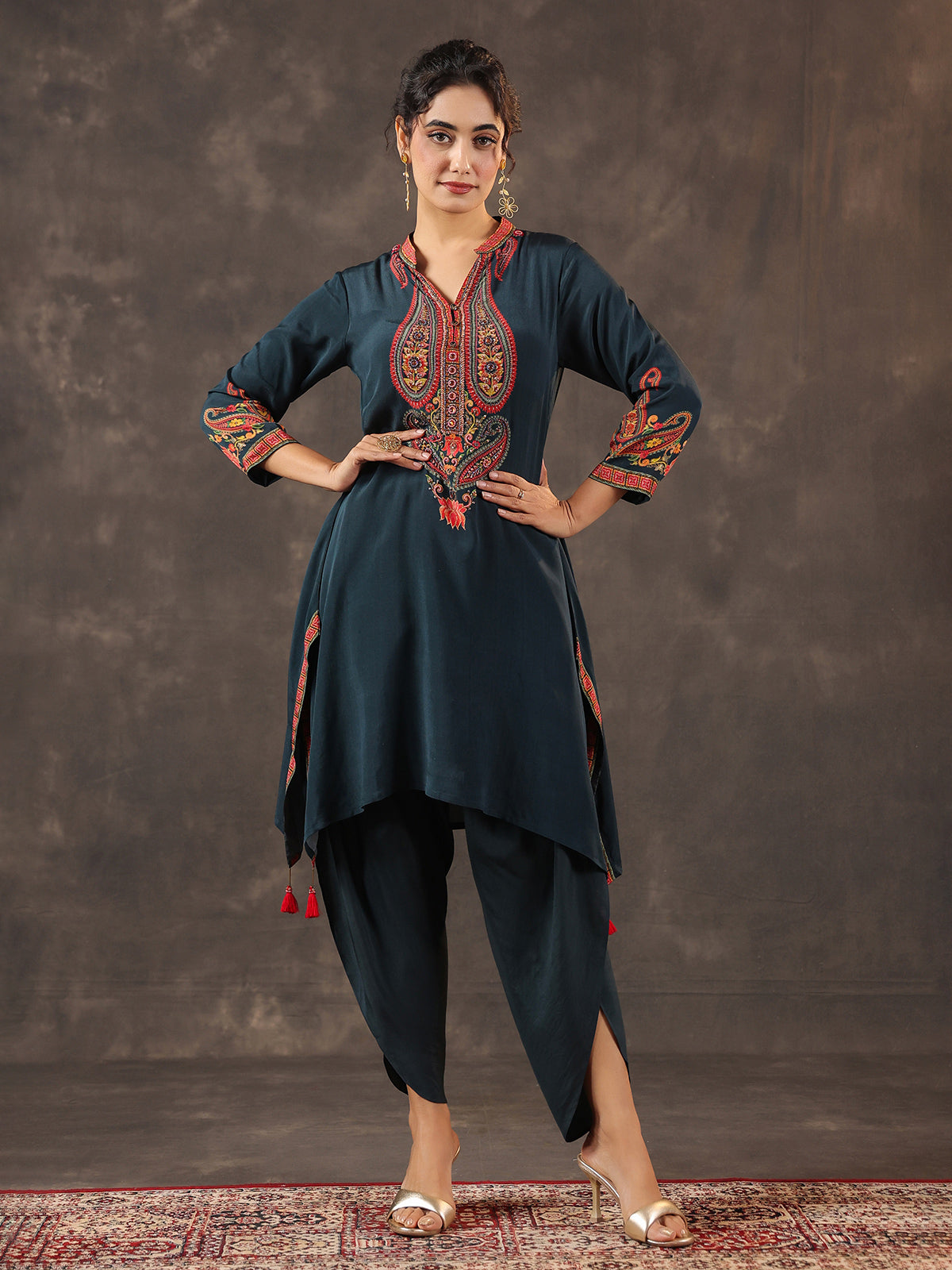 Rama blue viscose crepe printed kurti dhoti set
