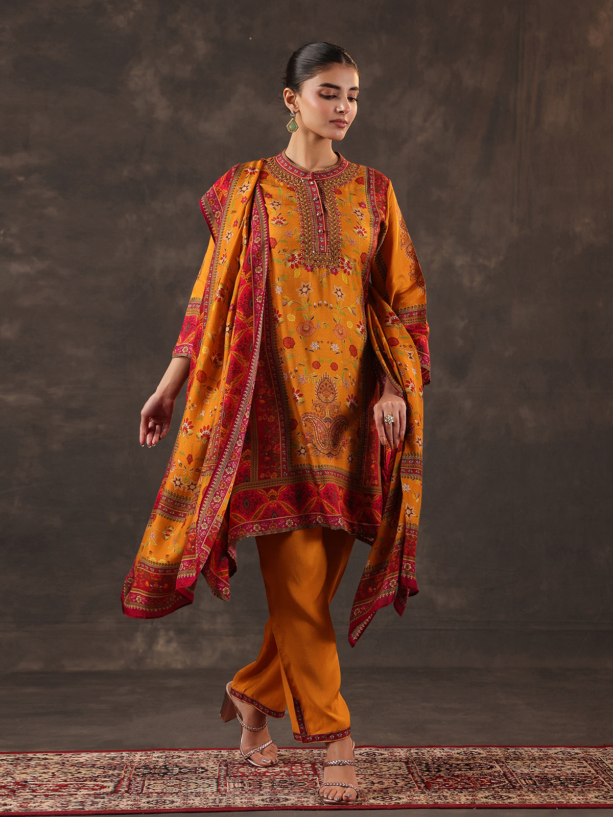 Mustard yellow dola silk floral printed kurti set