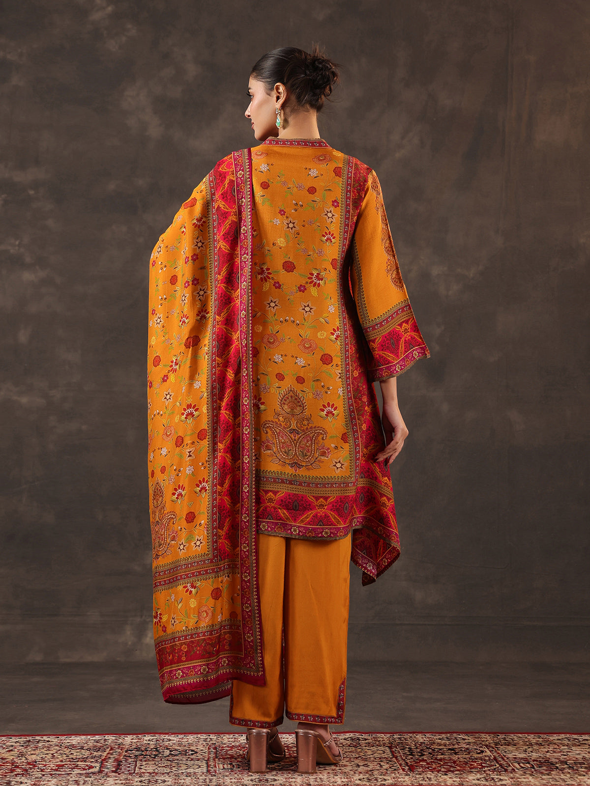 Mustard yellow dola silk floral printed kurti set