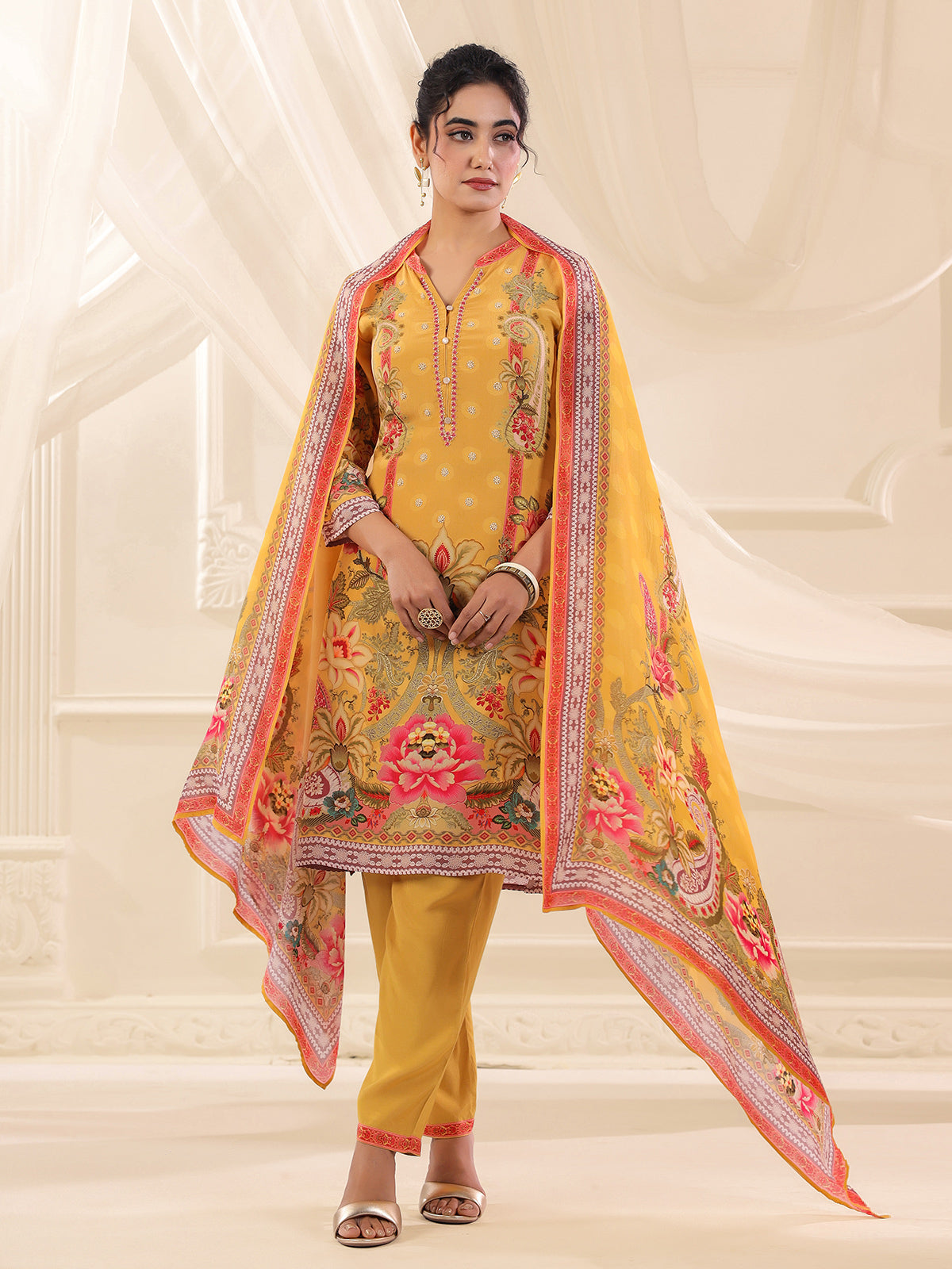 Yellow viscose crepe printed kurti set for festive