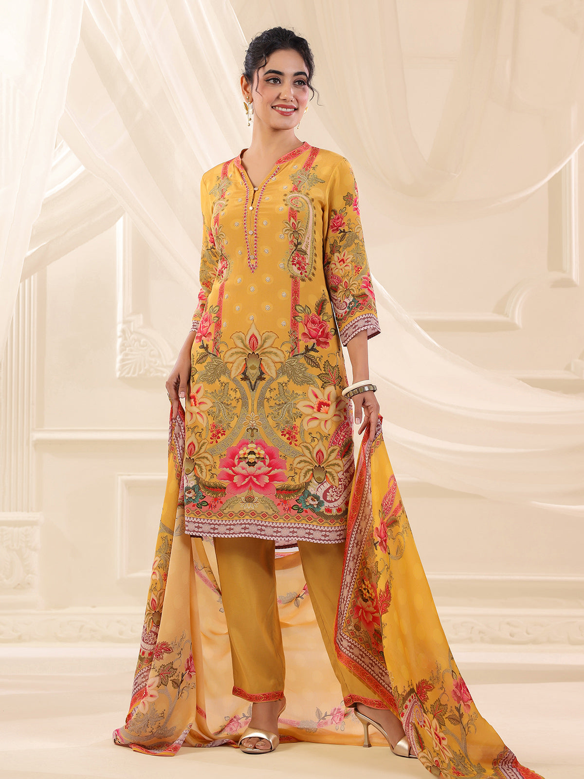 Yellow viscose crepe printed kurti set for festive