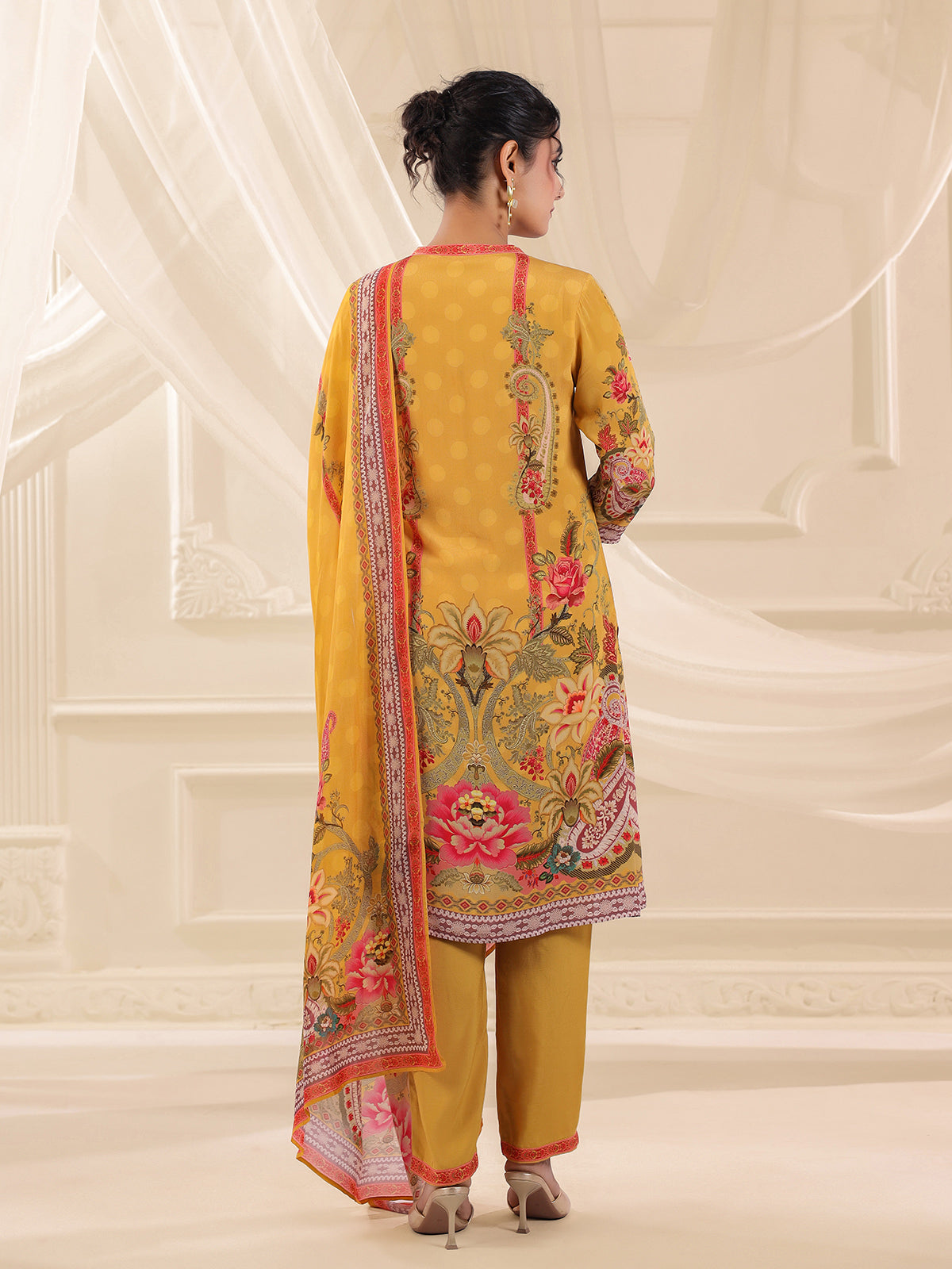 Yellow viscose crepe printed kurti set for festive