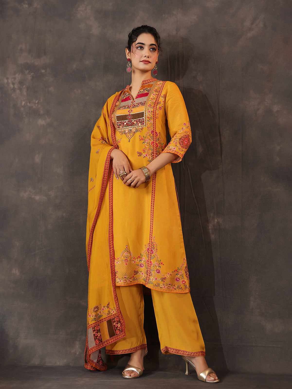 Mustard yellow russian silk printed yoke style kurti set