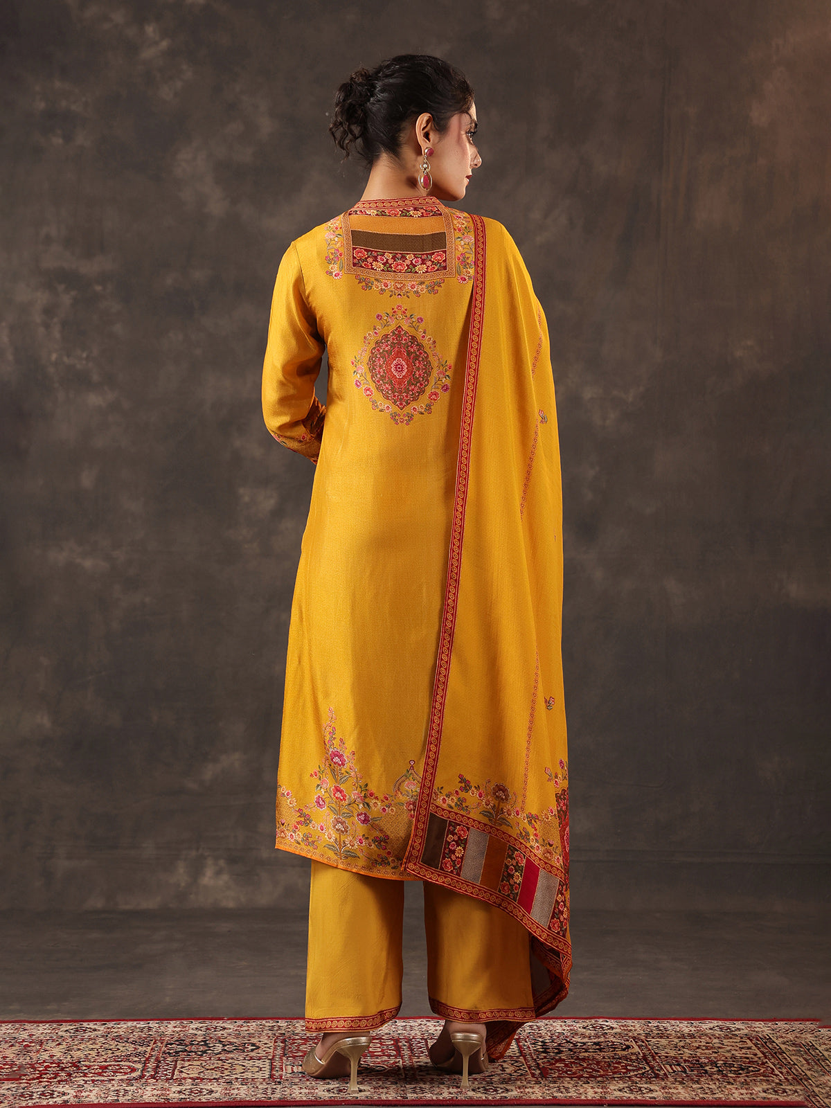 Mustard yellow russian silk printed yoke style kurti set