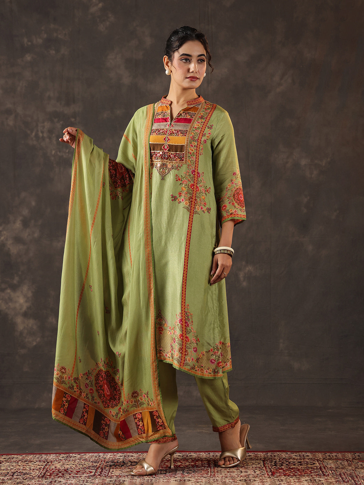 Pista green russian silk printed yoke style kurti set
