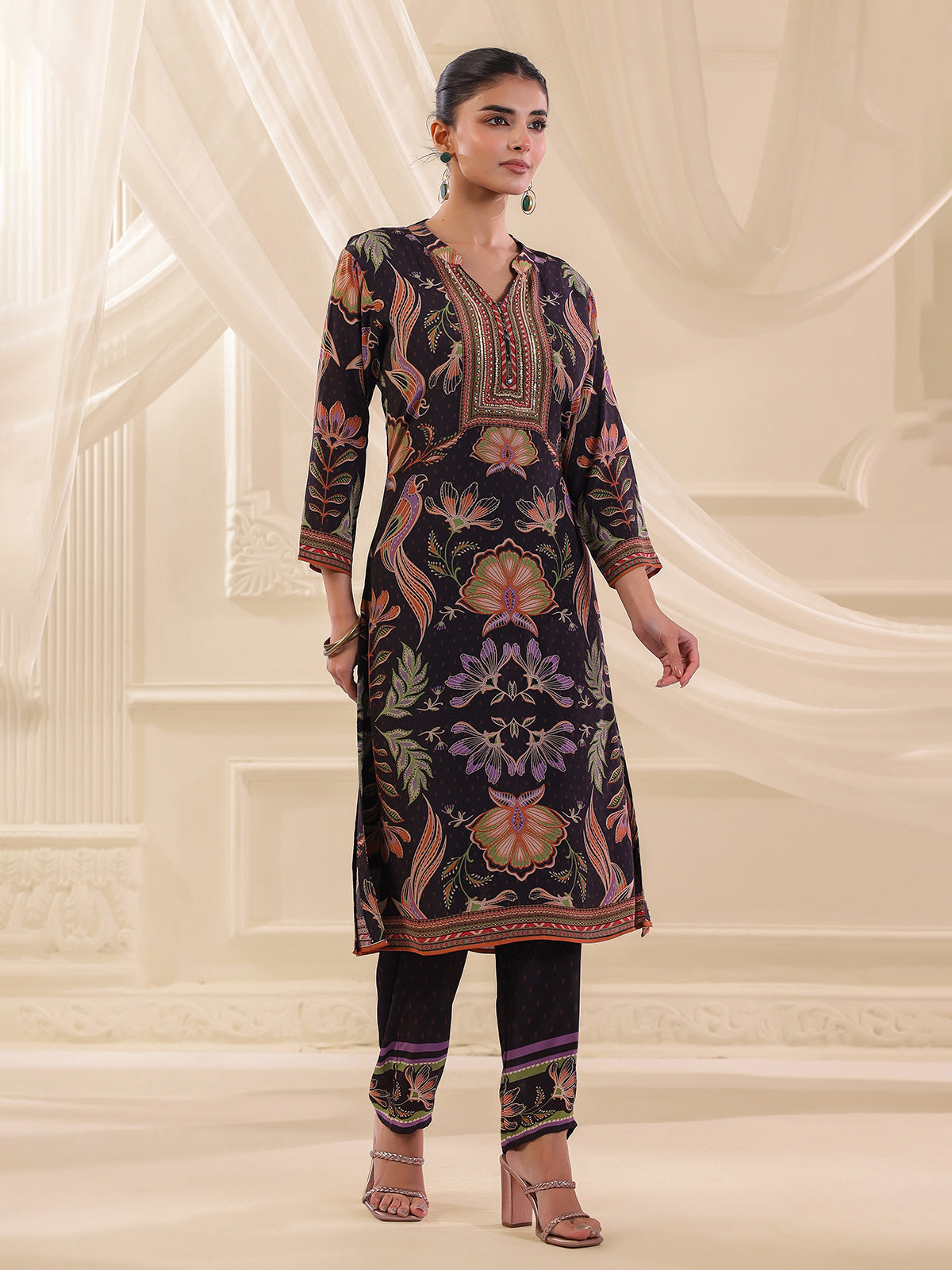 Black viscose crepe printed yoke style kurti set