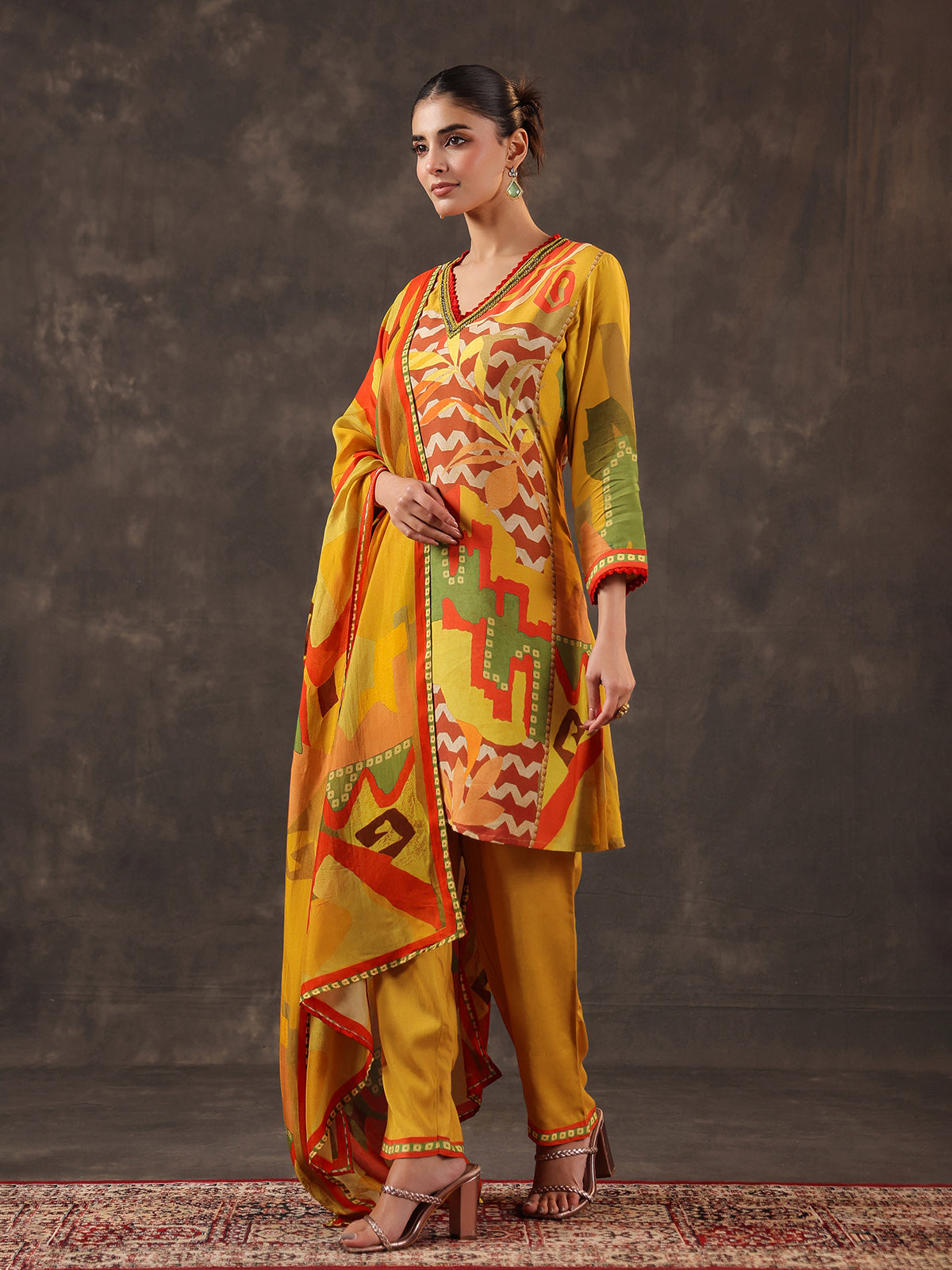 Yellow muslin silk printed kurti set with dupatta