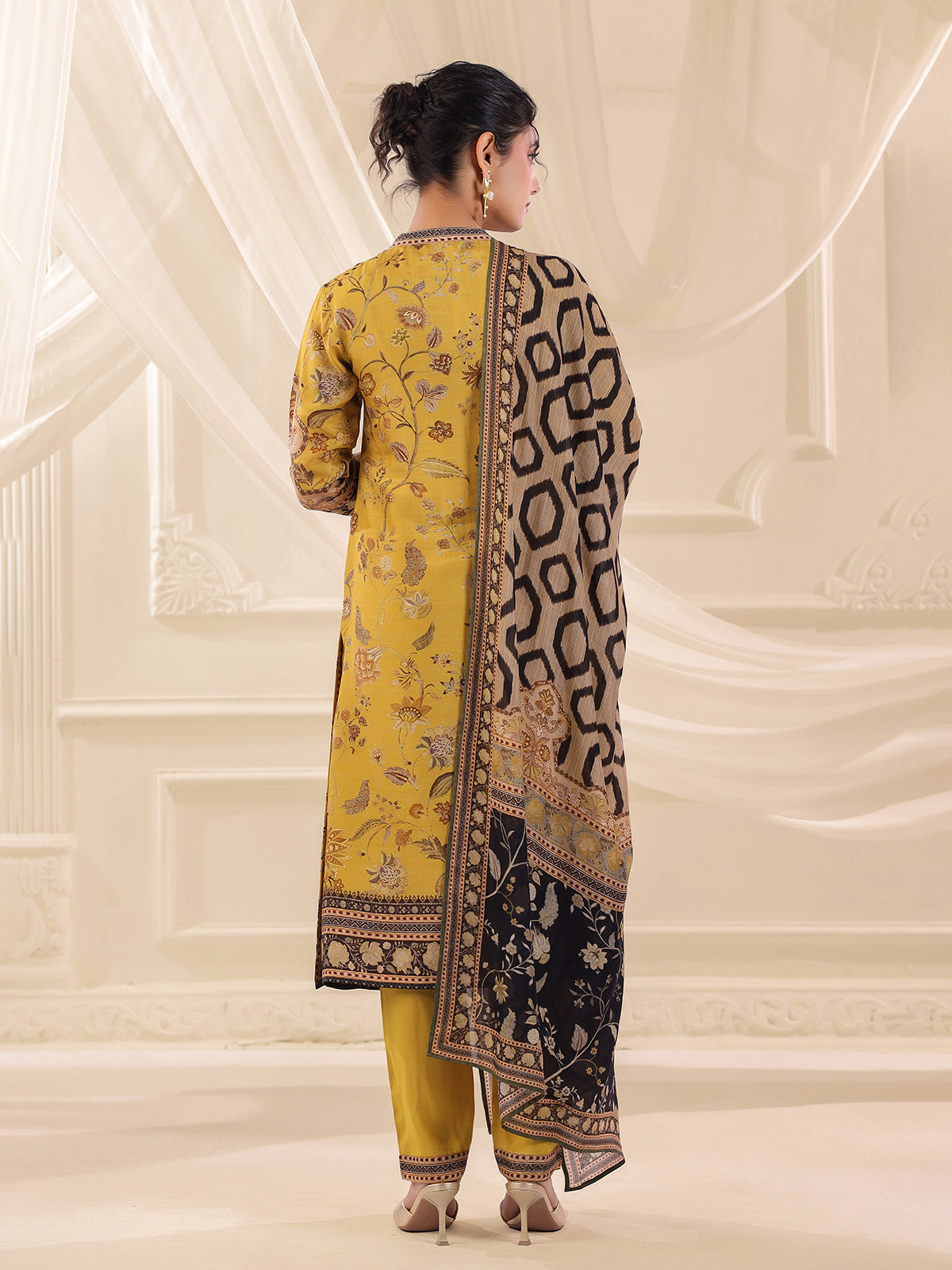 Mehendi yellow dola silk printed kurti set