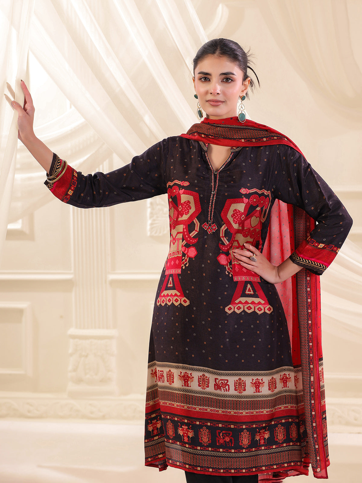 Black russian silk printed kurti set with dupatta