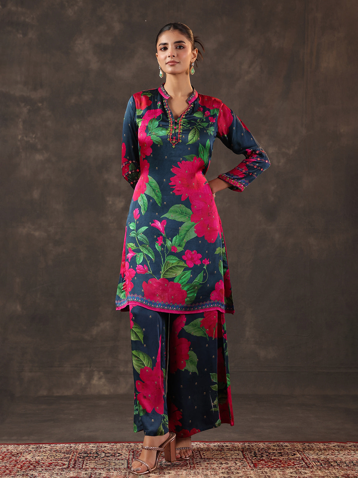 Blue modal satin floral printed kurti set