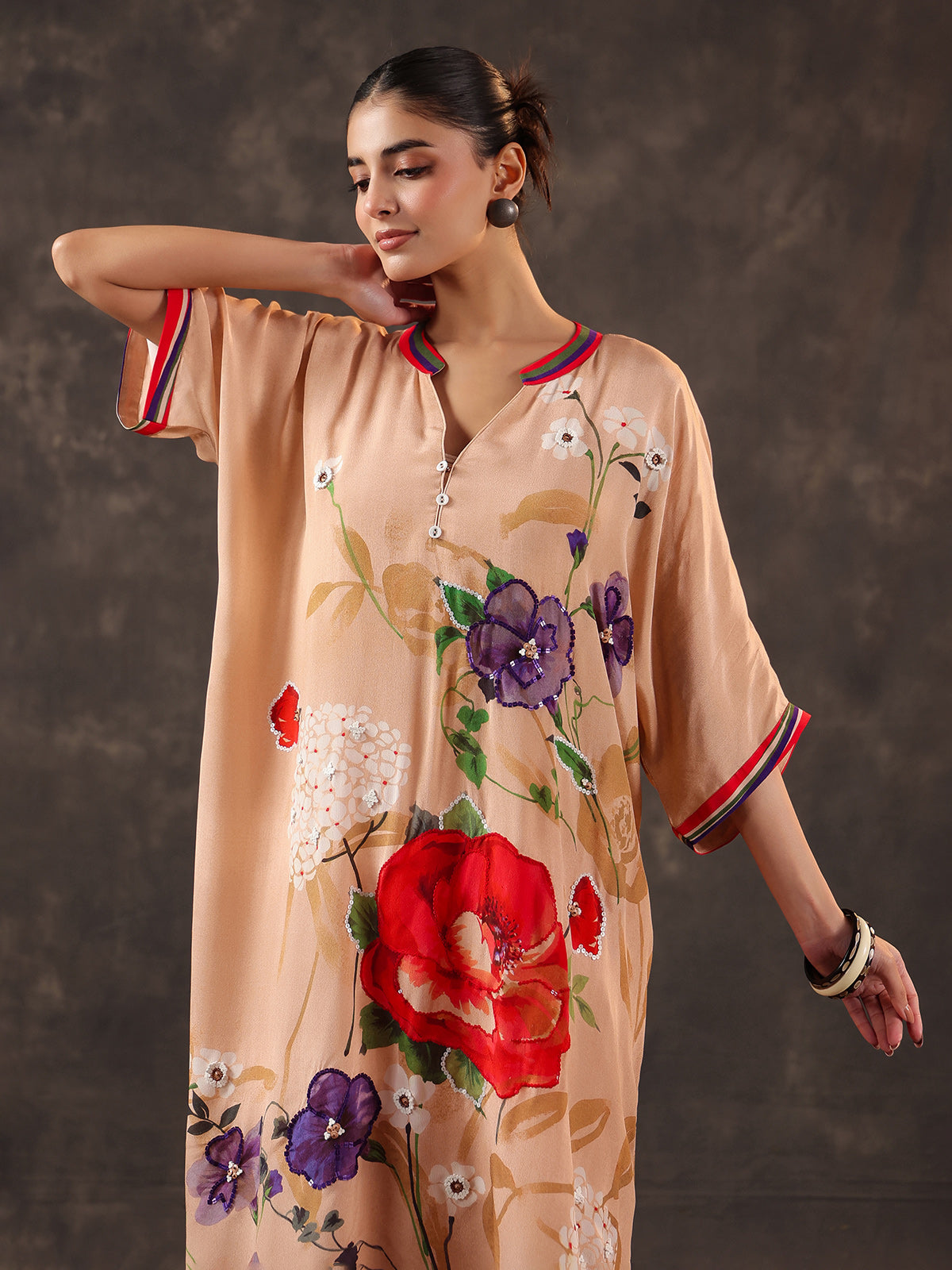 Cream viscose crepe floral printed designer kurti set