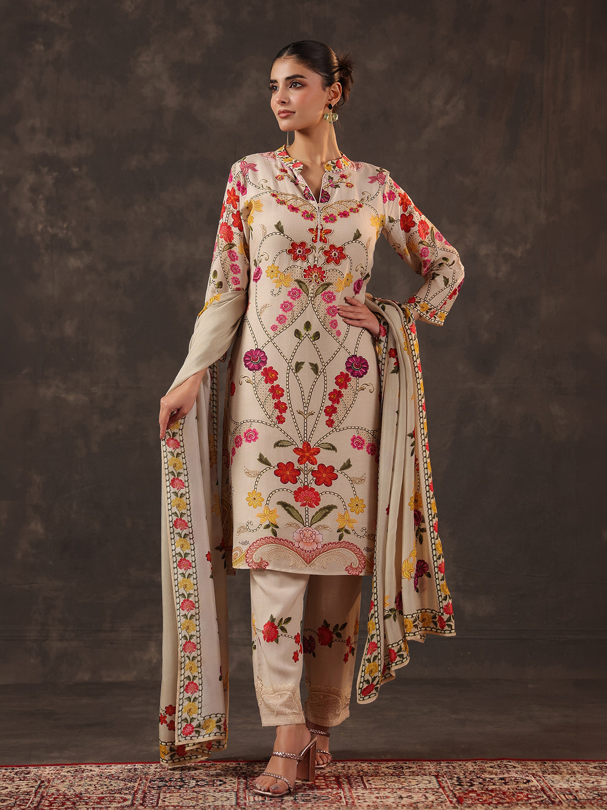 Beige russian silk floral printed kurti set with dupatta